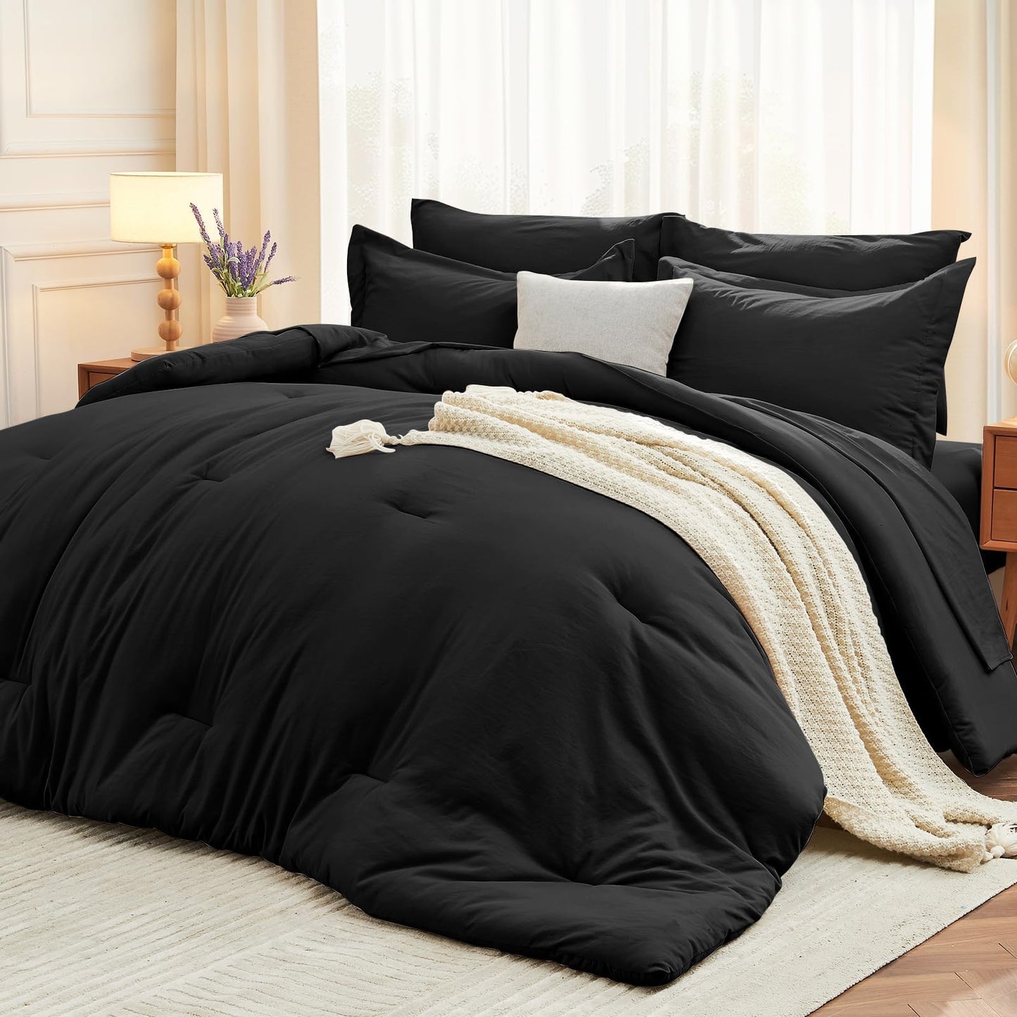 MUXHOMO 7 Pieces King Comforter Set, Soft Bed in a Bag King Size, All Season Bedding Set with Comforter, Flat Sheet, Fitted Sheet, Pillowcases & Shams, Black