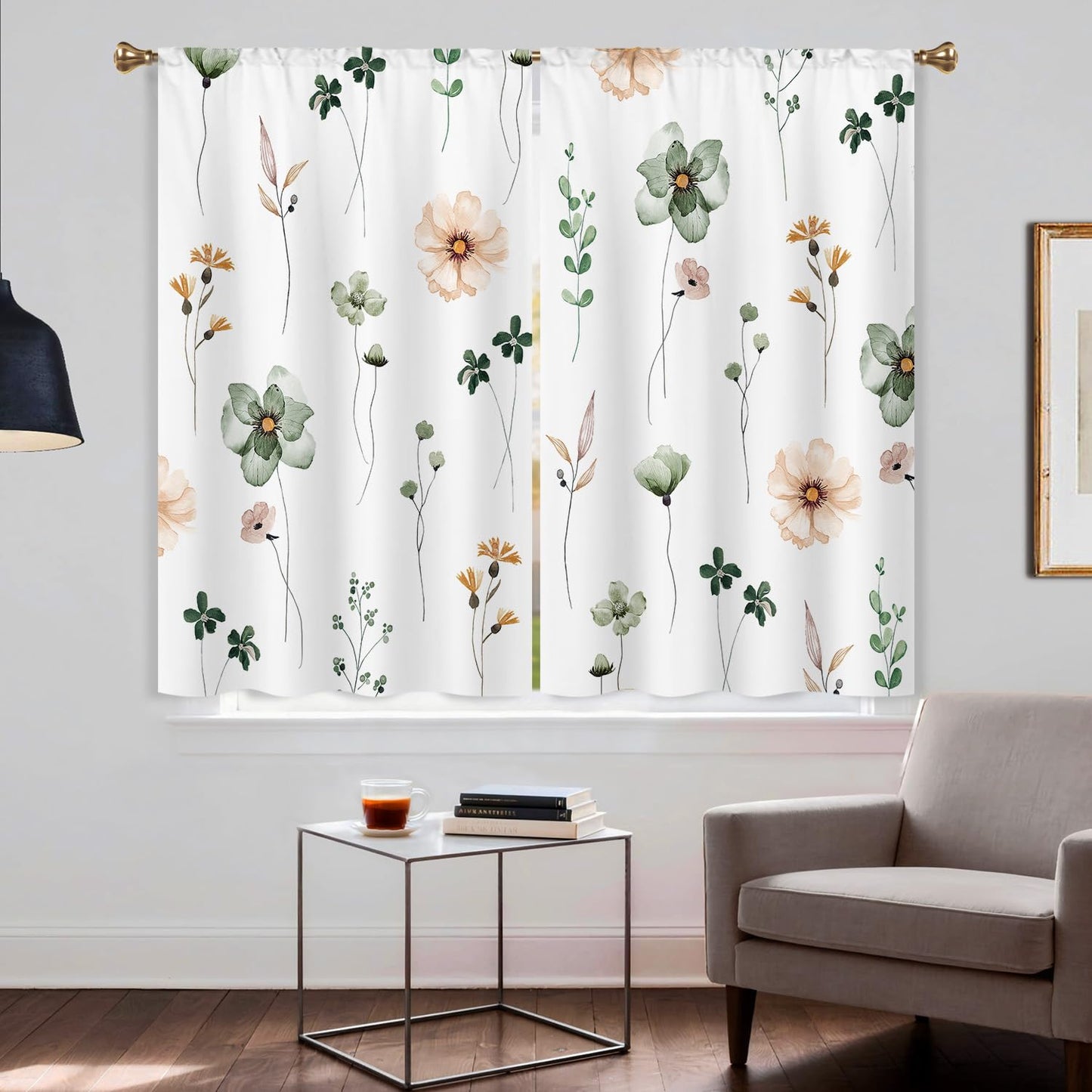 Cizuug Kitchen Curtains Boho Country Green Flower Small Short Small Short Cafe Tier Curtains Decor for Living Dining Room Bathroom RV Rod Pocket Window Drapes Treatment 2 Panels (27.5x39Inch)