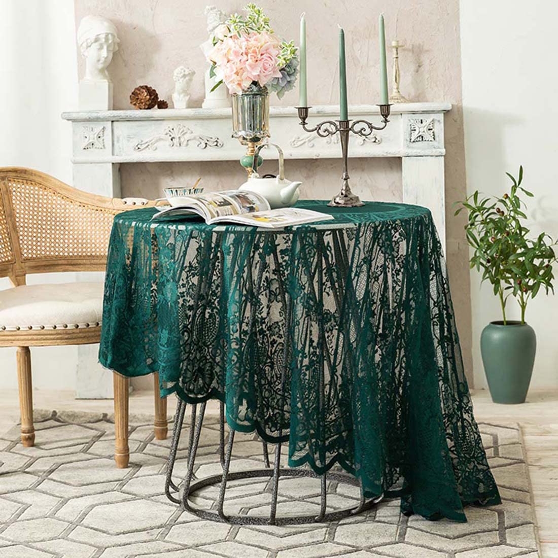 JAIJY Vintage 60 inch Green Lace Tablecloth Floral Embroidered Boho Shabby Chic Small Table Cover for Wedding Halloween Party Dinning Holiday, 1 Piece