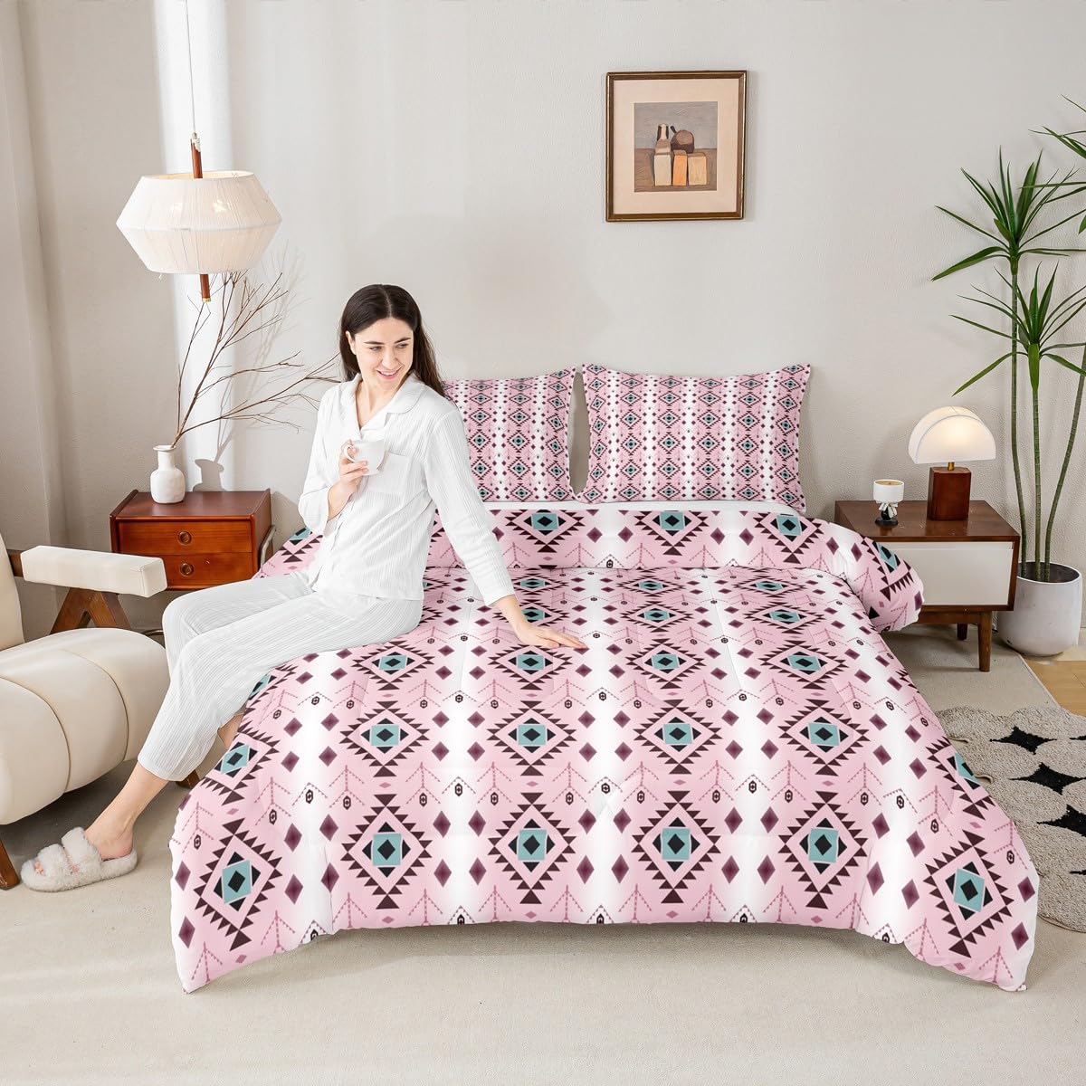 jejeloiu Boho Western Comforter Set Queen Size Bohemian Southwestern Bedding Set for Kids Boys Girls Aztec Decor Duvet Quilt Country Bedroom Farmhouse 3 Pcs with 2 Pillow Cases