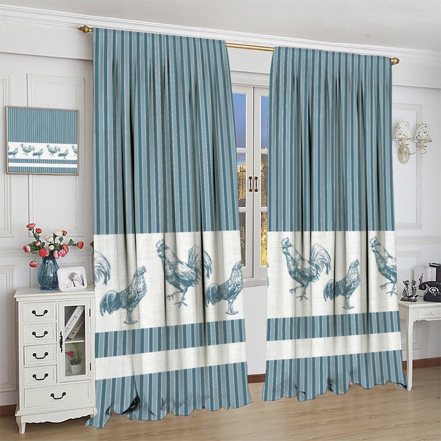 DDCBNS Chicken Kitchen Curtains,Rustic Rooster Pattern Stripe Modern Concise Design Window Treatments for Café Kitchen Rod Pocket Home Décor Drapes 2 Panel Sets Total Size 42" x 45" Blue