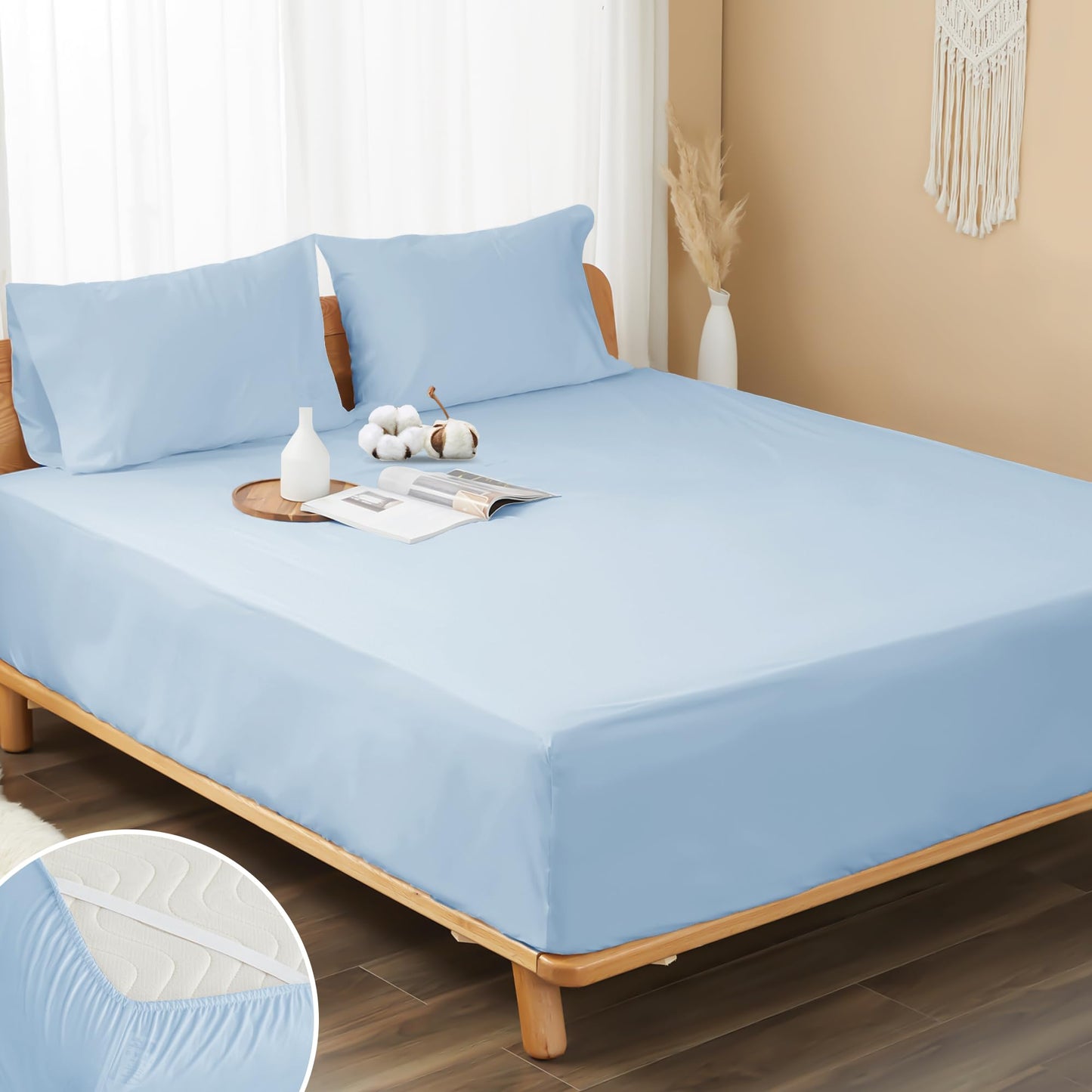 HOMTEC 100% Cotton Percale Fitted Sheet California King Size, 8-15" Deep Pocket Cooling Bottom Sheet, Breathable Soft & Crisp Fitted Sheet Only with 4 Corner Straps (Cal King, Light Blue)