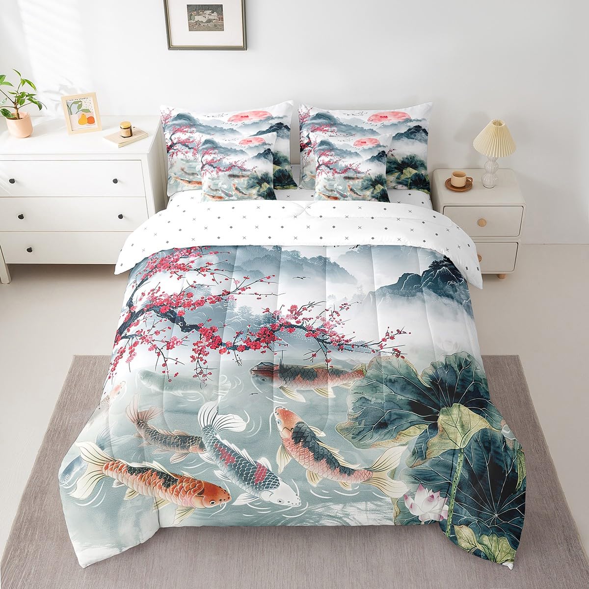 Erosebridal 7 Piece Cherry Blossoms Bed in a Bag Full for Girls Women Chinese Style Sheet Set Lotus Leaf Print Cushion Covers Landscape Painting Bedding with Comforter Koi Print Bed Set