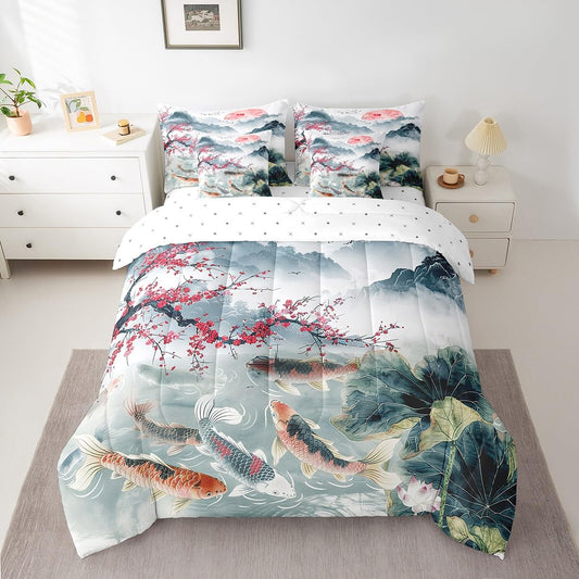 Erosebridal 7 Piece Cherry Blossoms Bed in a Bag Full for Girls Women Chinese Style Sheet Set Lotus Leaf Print Cushion Covers Landscape Painting Bedding with Comforter Koi Print Bed Set