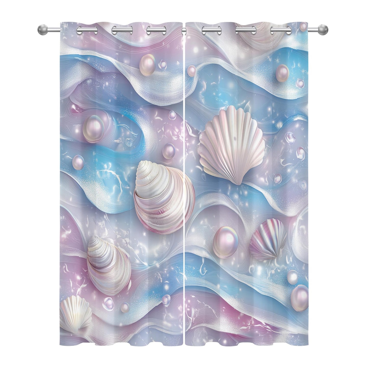 Nautical Blackout Curtains for Bedroom Living Room, Seashell Pastel Ocean Beach Coastal Patterned Window Treatments, Room Darkening Thermal Insulated Grommet Drapes, 45 Inch Curtains 2 Panel Set