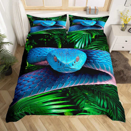Erosebridal Snake Comforter Cover, 3D Python Duvet Cover, Palm Leaf Bedding Set Full Size, Reptile Tropical Theme Quilt Cover for Kids Boys Girls Teens Living Room Decorative