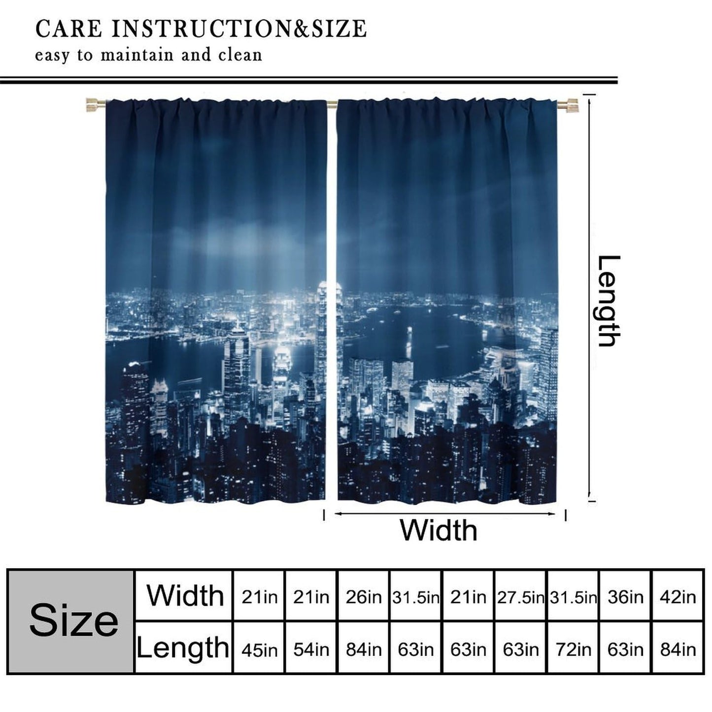 City Skyline Curtains, Blue Night City Lights Harbor View Print, Rod Pocket Light Filtering Window Drapes for Living Room Bedroom, 20.5" W x 44.5" L, 2 Panels （No Blackout）