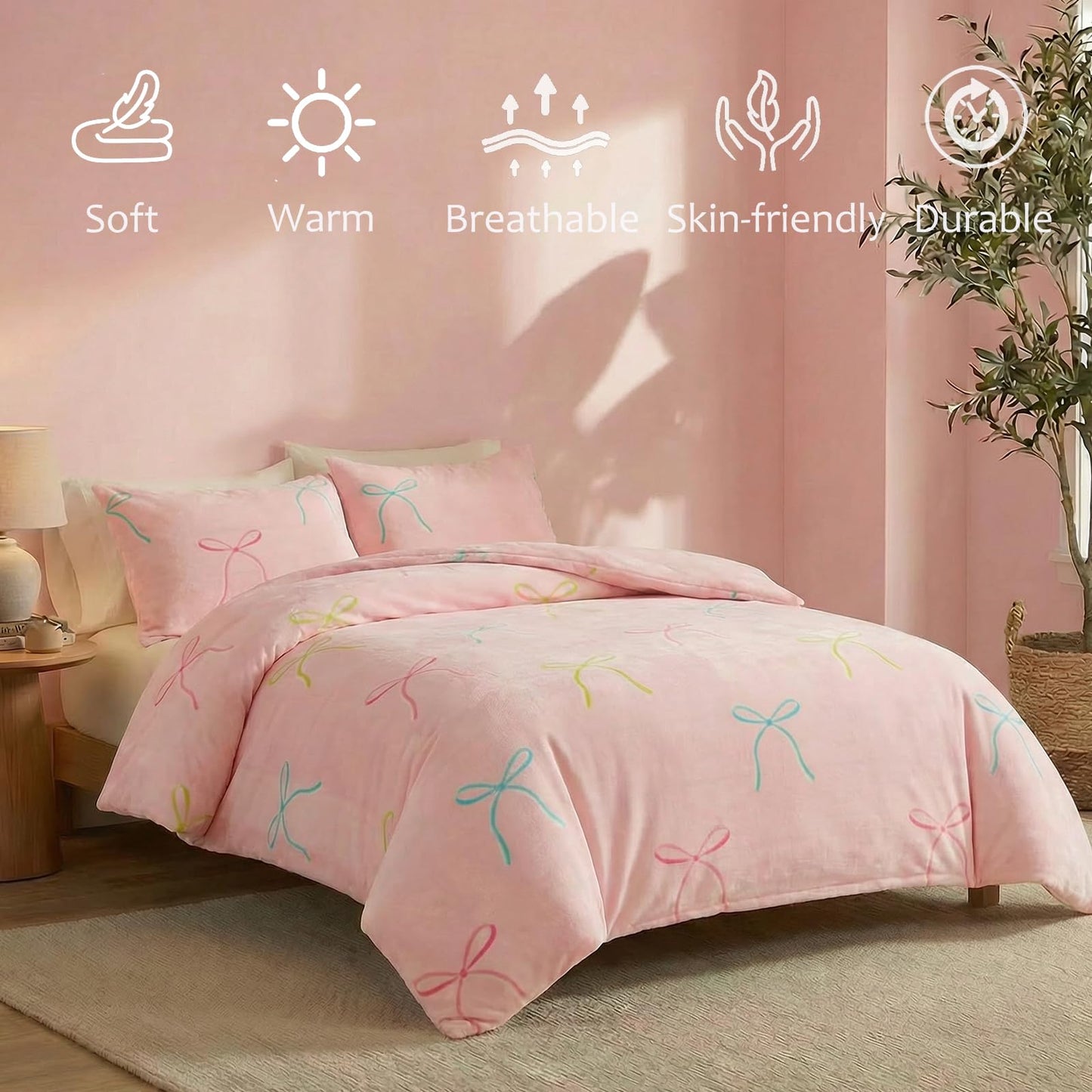 Bedbay Pink Bow Comforter Set King Size Warm Fluffy Fleece Bedding Set Cute Bowknot Teen Girls Ultra Soft Plush Velvet Comforter King Bed Set Sweet Bow Tie Dreamy Princess Style Bedding 3 Pcs