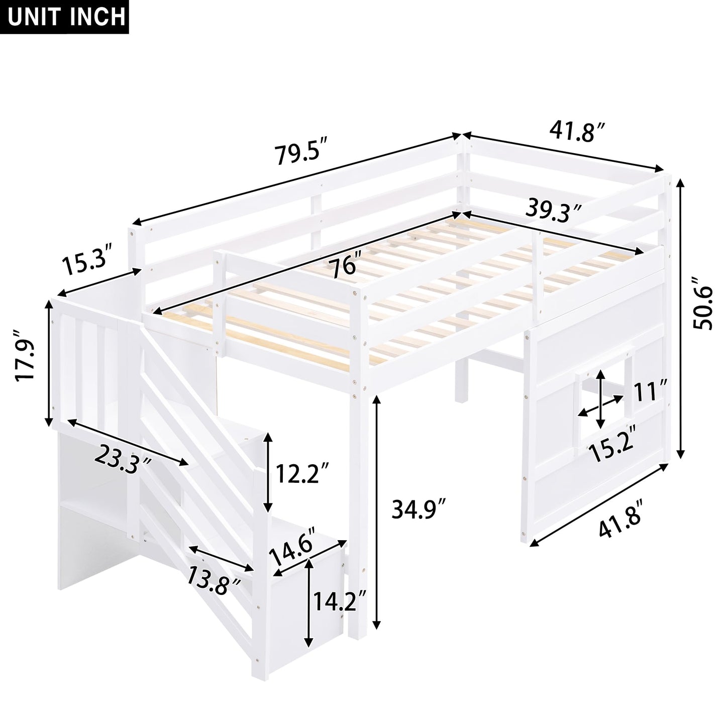 Harper & Bright Designs Twin Low Loft Bed with Staircase and LED for Kids,Wood House Loft Bed Frame with Window and Guardrails,White