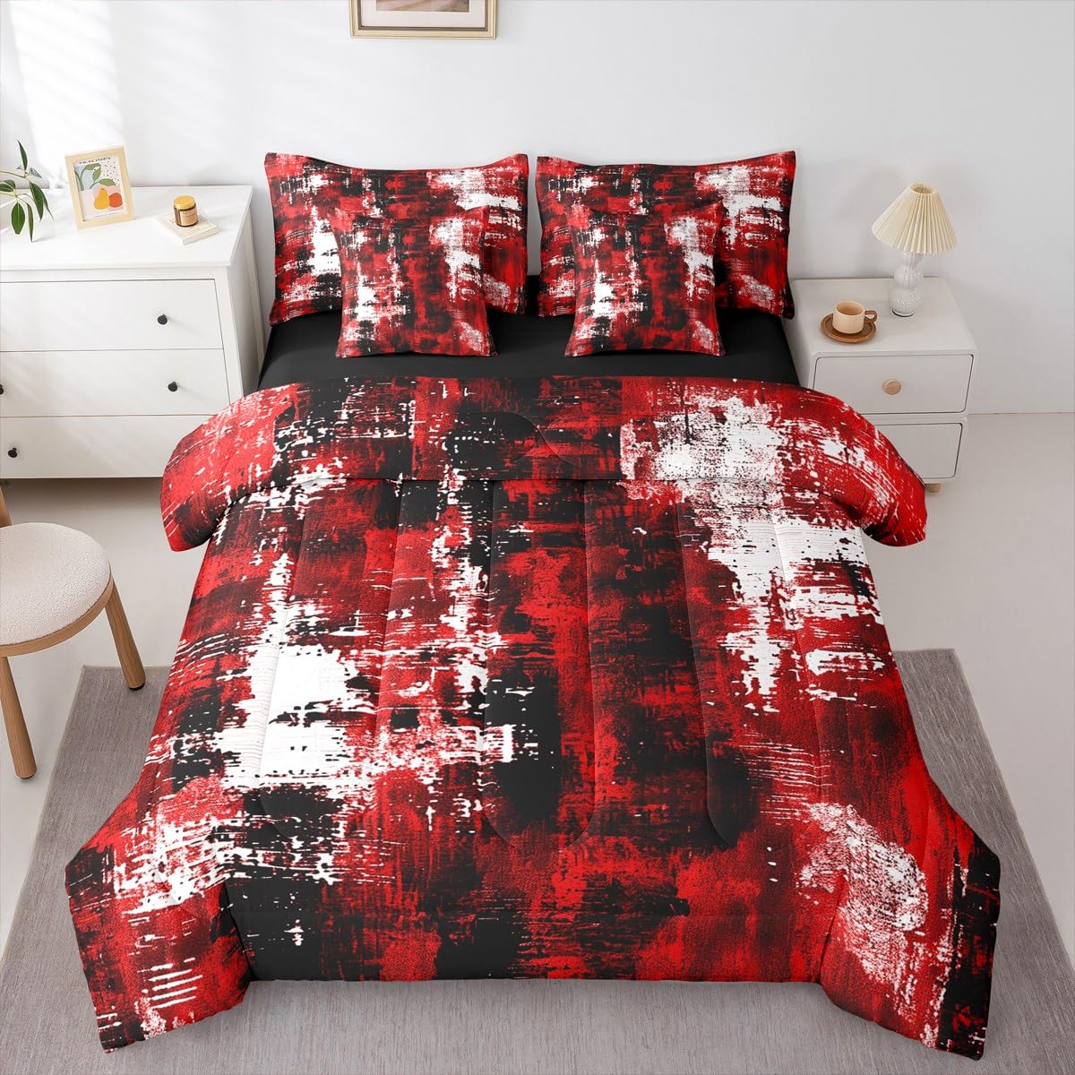 Feelyou Abstract Queen Comforter Set with Sheets for Kids Boys Girls Modern Abstract Art 7 Pieces Bedding Set Black Red Bed in a Bag Luxury Room Decor Geometric Soft Lightweight Microfiber