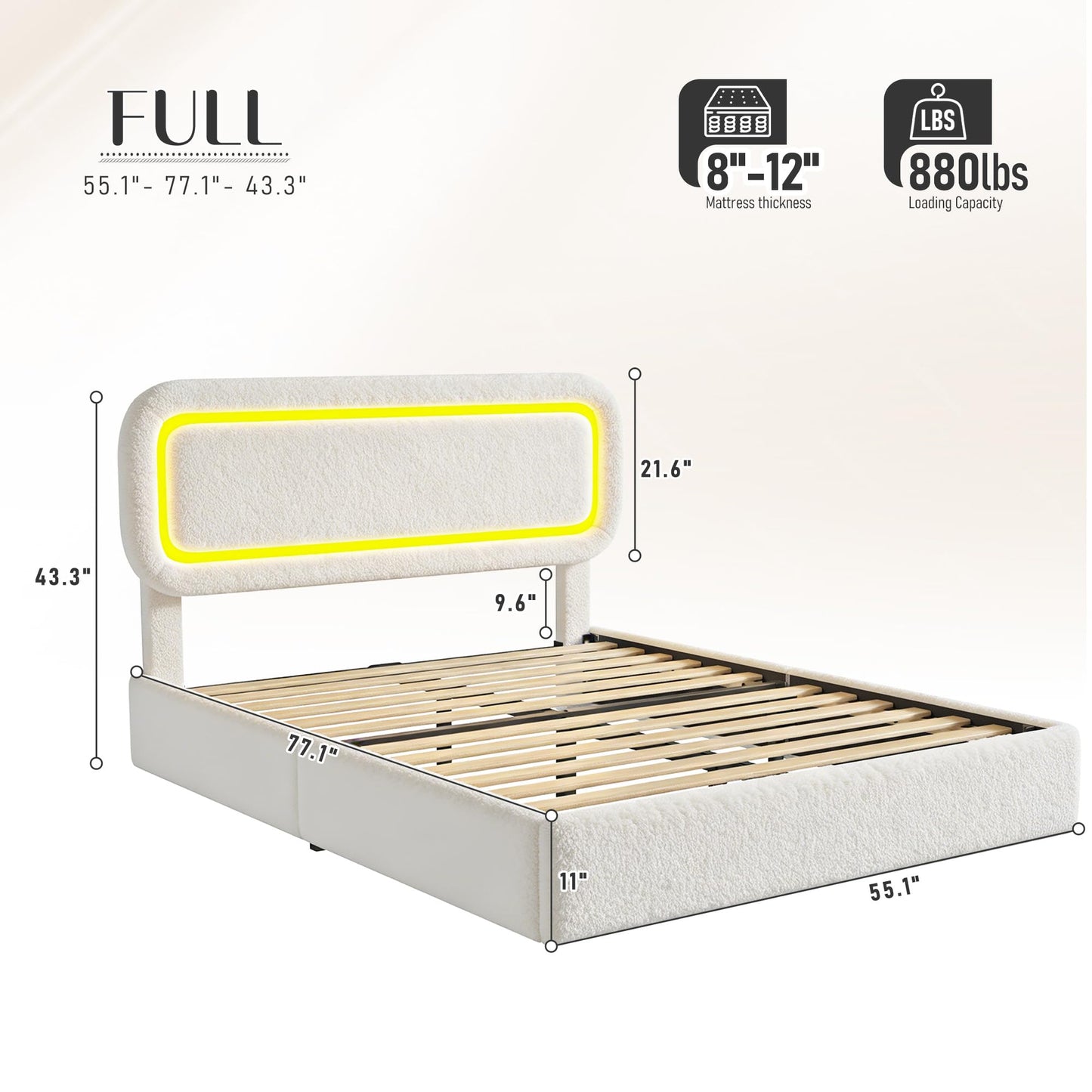 Homkdom Upholstered Full Size Bed Frame with Led Lights,Boucle Full Bed Frame,Soft Bed Frame Full with Headboard,Anti-Collision Round Corners,No Box Spring Needed,Modern,Cream White