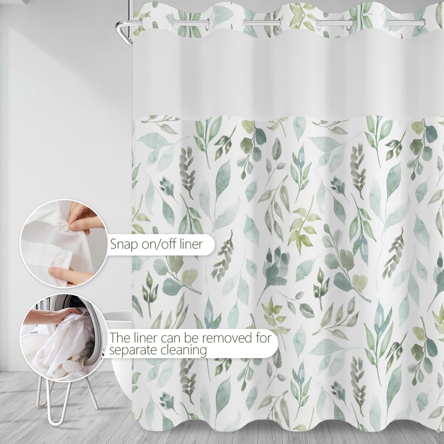 No Hook Shower Curtain with Snap in Fabric Liner Set, Waterproof & Washable, Boho Green Botanical Leaf Floral Shower Curtains for Bathroom, Rustic Modern Hotel Style Plant Bathroom Curtain, 71x74 inch