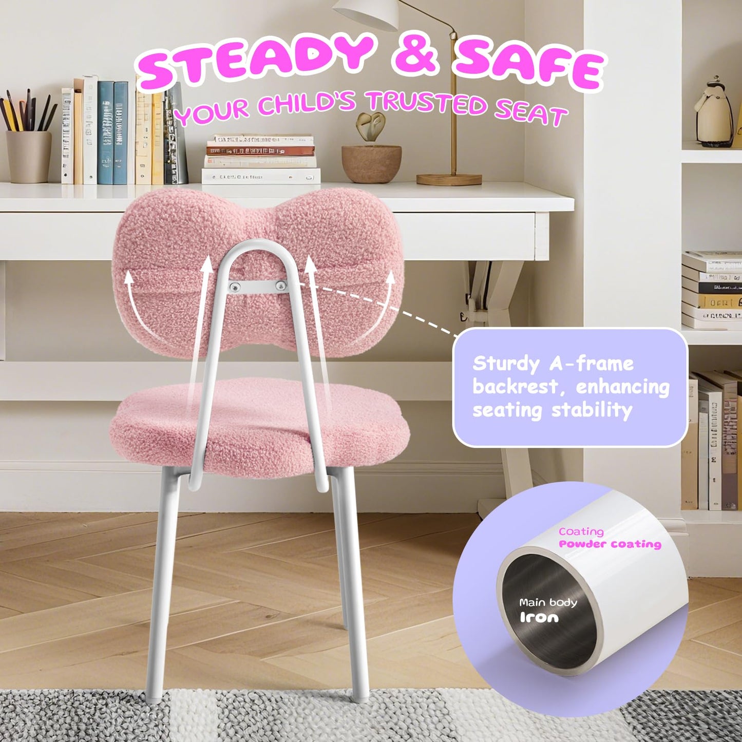 Ultrahome Vanity Girl Chair,Teen Kids Desk Chair with Bow Shape Backrest,Teddy Flence Reading Chair for Bedroom,Study Room,Make Up (Pink)