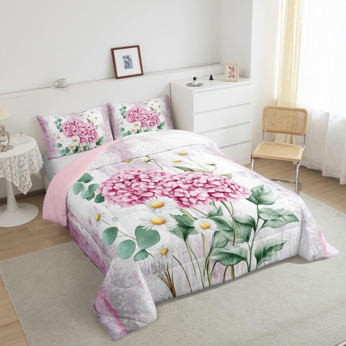 Erosebridal Watercolor Flowers Queen Comforter Set Abstract Oil Painting Hydrangea Bedding Set Rustic Farmhouse Bed Set Ombre Pink Green White Quilt Set