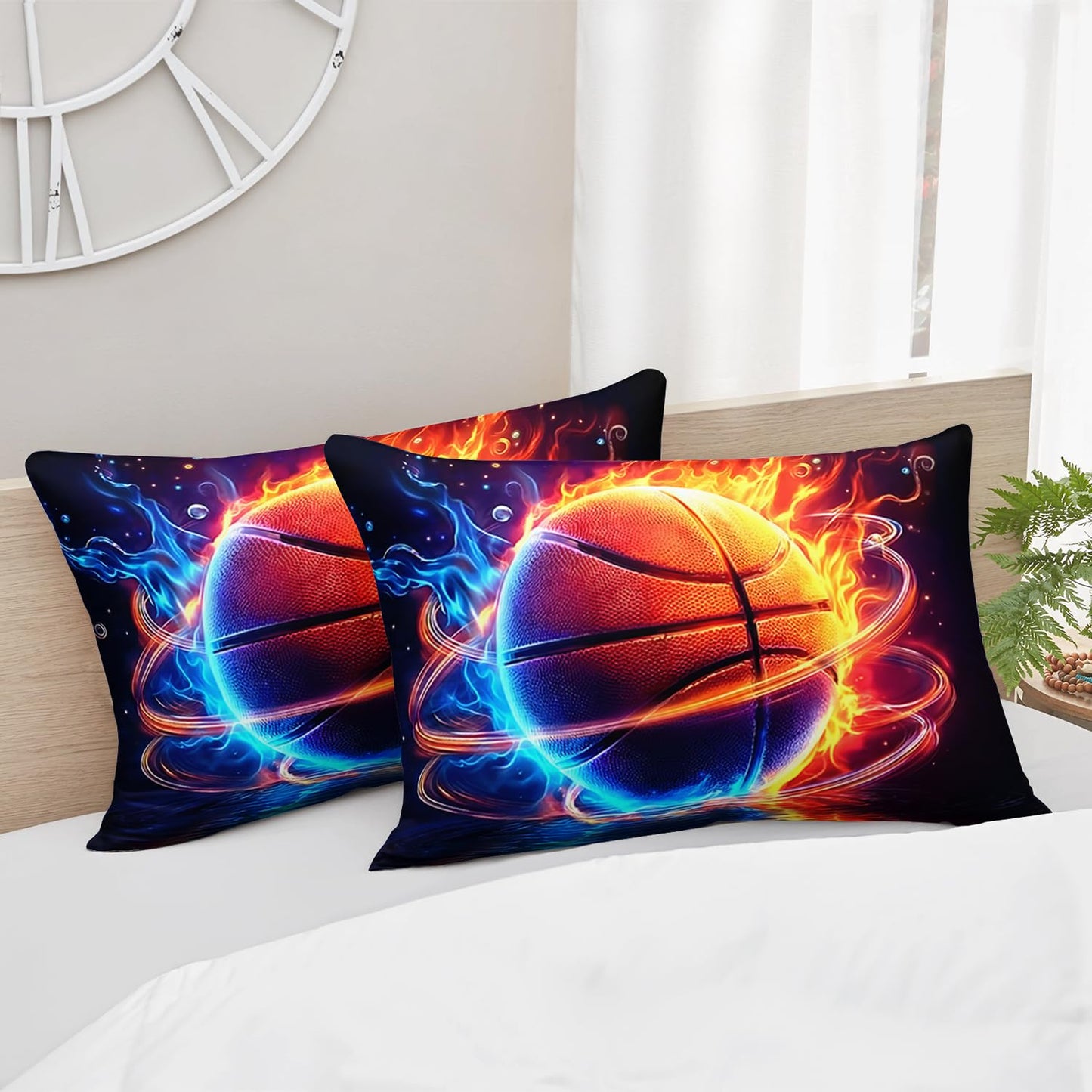 HOSIMA Full Fitted Sheet for Kids,Basketball Wrapped in Red Blue Flames,Cool Extreme Sports Bedding for Teens Boys Room Decor,Lightweight Basketball Bedding,1 Fitted Sheet+2 Pillowcases.
