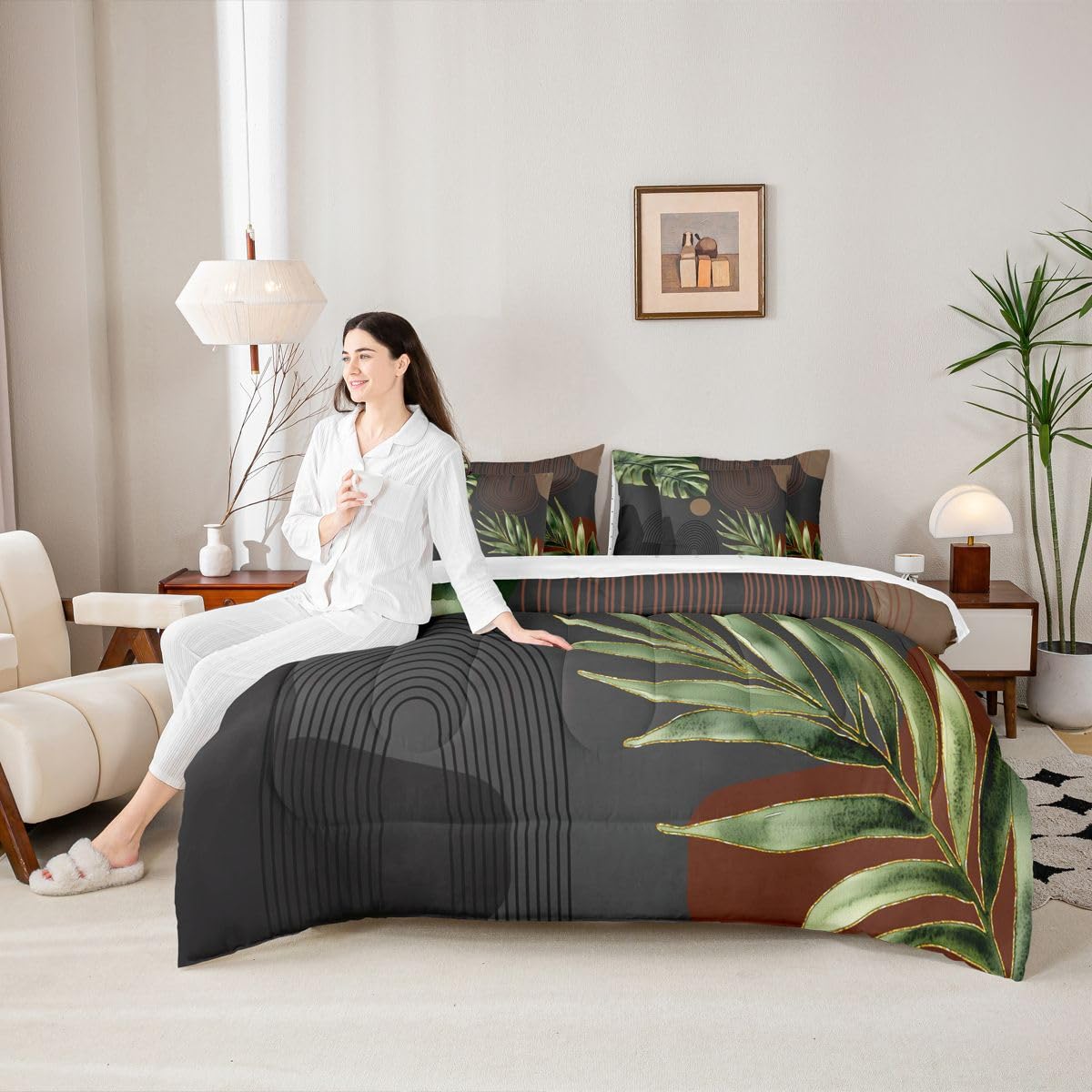 Erosebridal Black Green Brown Boho Full Comforter Set with Sheets, Abstract Mid Century Simple 7 Pcs Bedding Set, Retro Tropical Leaves Bed in A Bag, Modern Minimalist Aesthetic Geometric Bed Sets