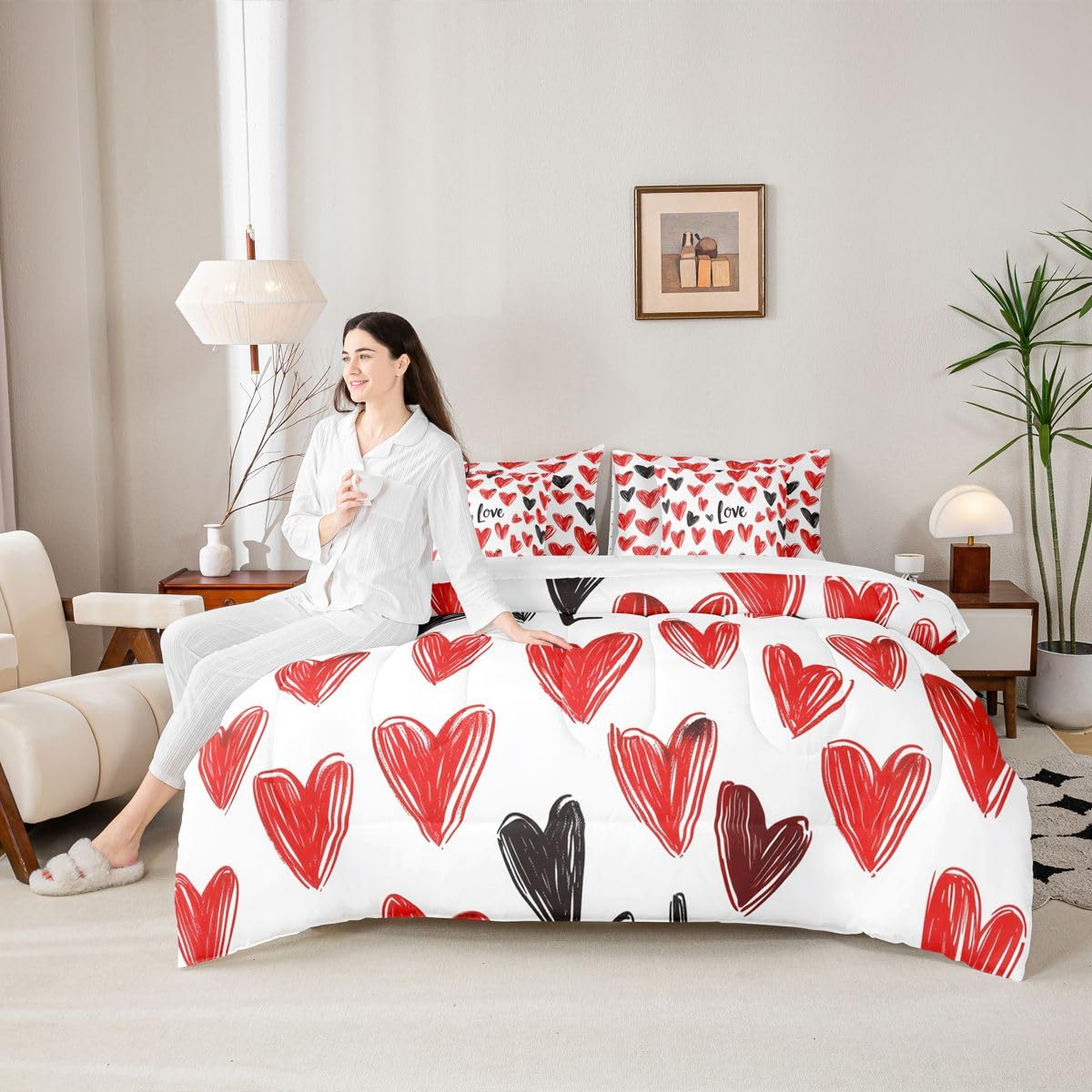 Erosebridal Couple Love Comforter Sets with Sheets - Red and Black Love Hearts Bedding Set Full for Boys Girls Romantic Gifts 7Pcs Bed in A Bag Valentines Day Bed Set