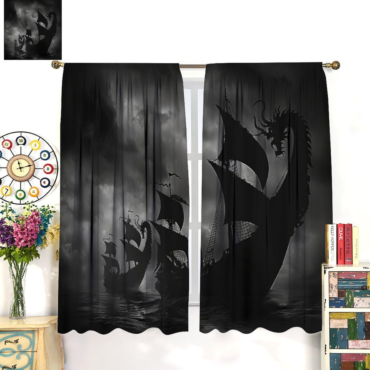 TOWINSFB Ancient Sailboat Wave Blackout Curtains, Medieval Ship Black Sky Home Decor Rod Pocket Window Drapes for Living Room Bedroom- 2 Panels, Each 63" L x 21" W