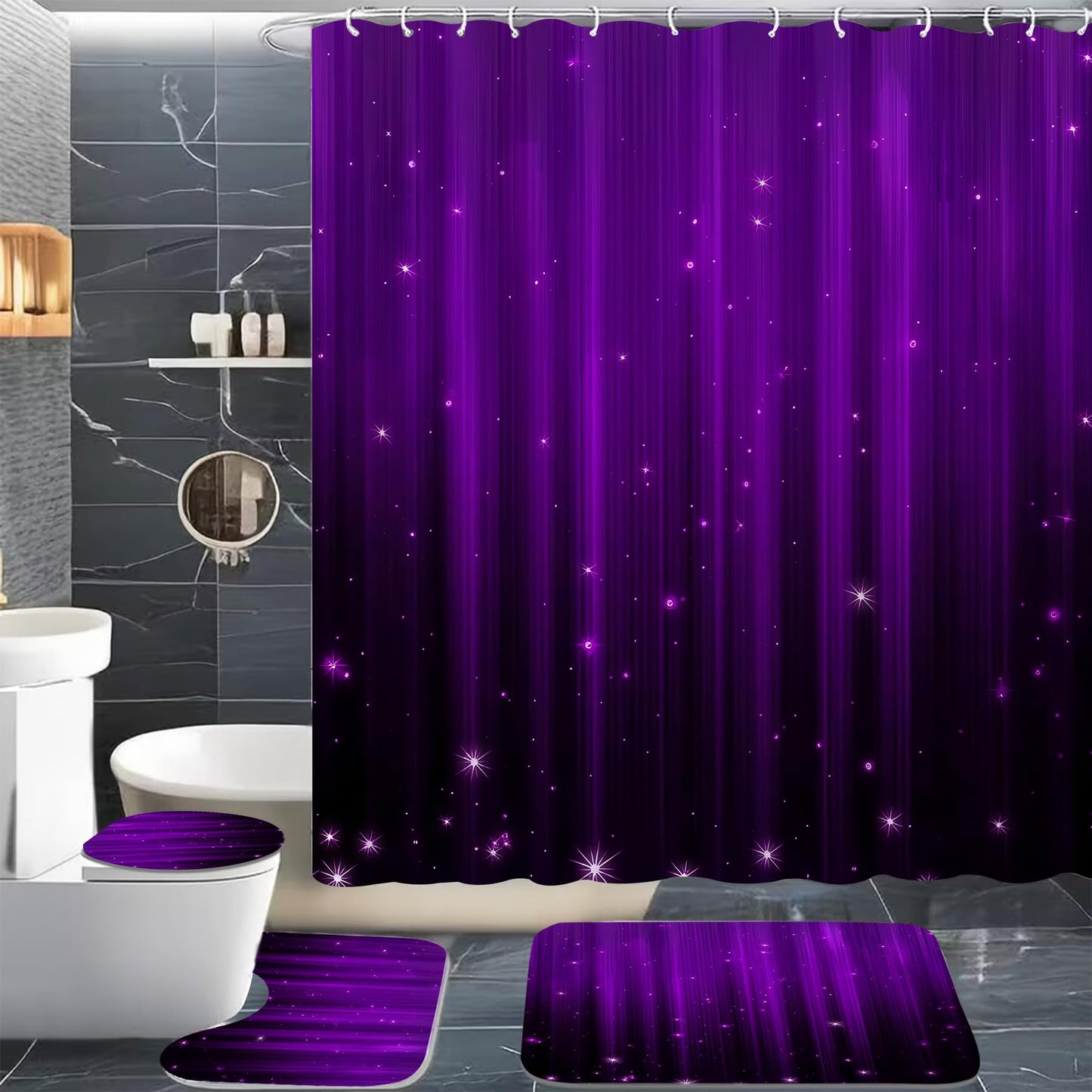 Yddsky 4 Pcs Purple and Black Shower Curtain Sets Non-Slip Rugs Bath Mat Toilet Cover, U-Shaped Mat, Gradient Shower Curtain with 12 Hooks, Black and Purple Bathroom Set