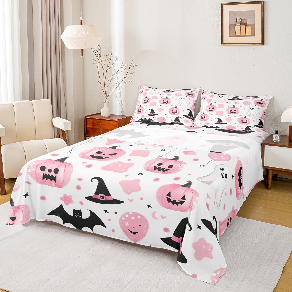 jejeloiu Kids Halloween Decor Bed Sheets Sets Twin Size Kids Boys Girls Cartoon Ghost Bedding Set Pumpkins Bed Sheet Set with 16-Inch Deep Pockets Spooky Halloween Decorations 3Pcs with 1 Pillow Cases