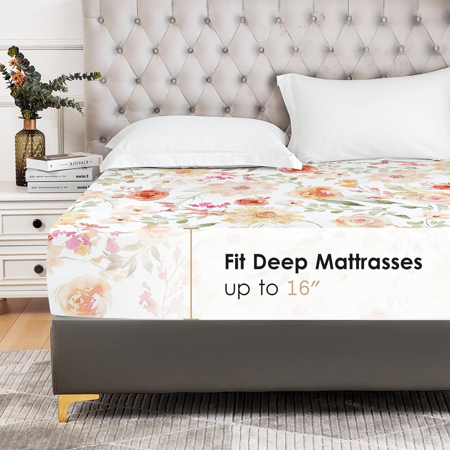 YIYEA Floral Fitted Sheet Only, Premium Double Brushed Microfiber Deep Pocket Fitted Sheet Queen Size, Ultra Soft Fitted Bottom Sheet, Shrinkage, Fade Resistant, Queen