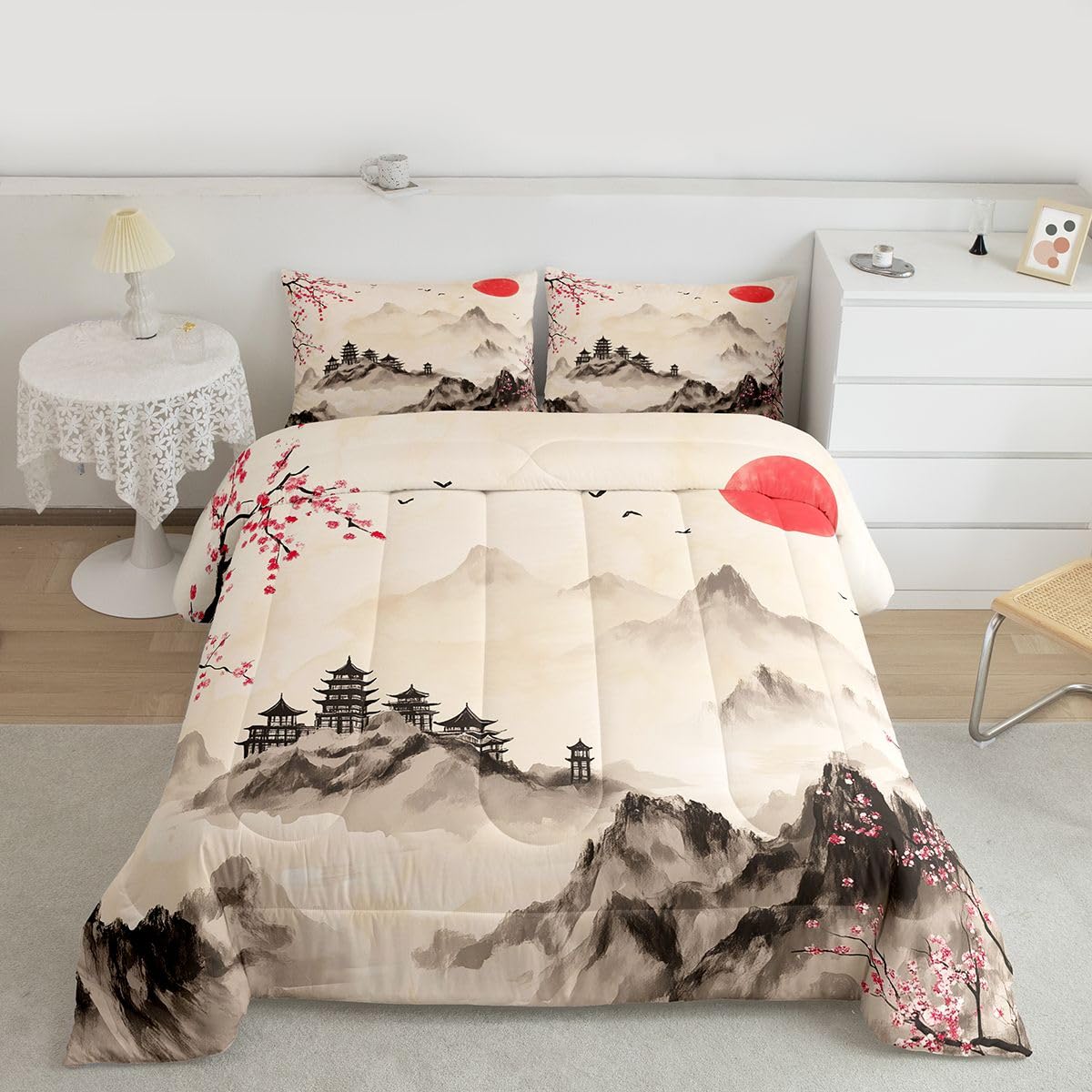 jejeloiu Chinese Ink Painting Comforter Set All Season Japanese Style Bedding Set with 2 Pillow Cases Mountain Red Sun Microfiber Kids Queen Bedclothes Cherry Blossom Bedroom Decor Duvet Quilt Soft