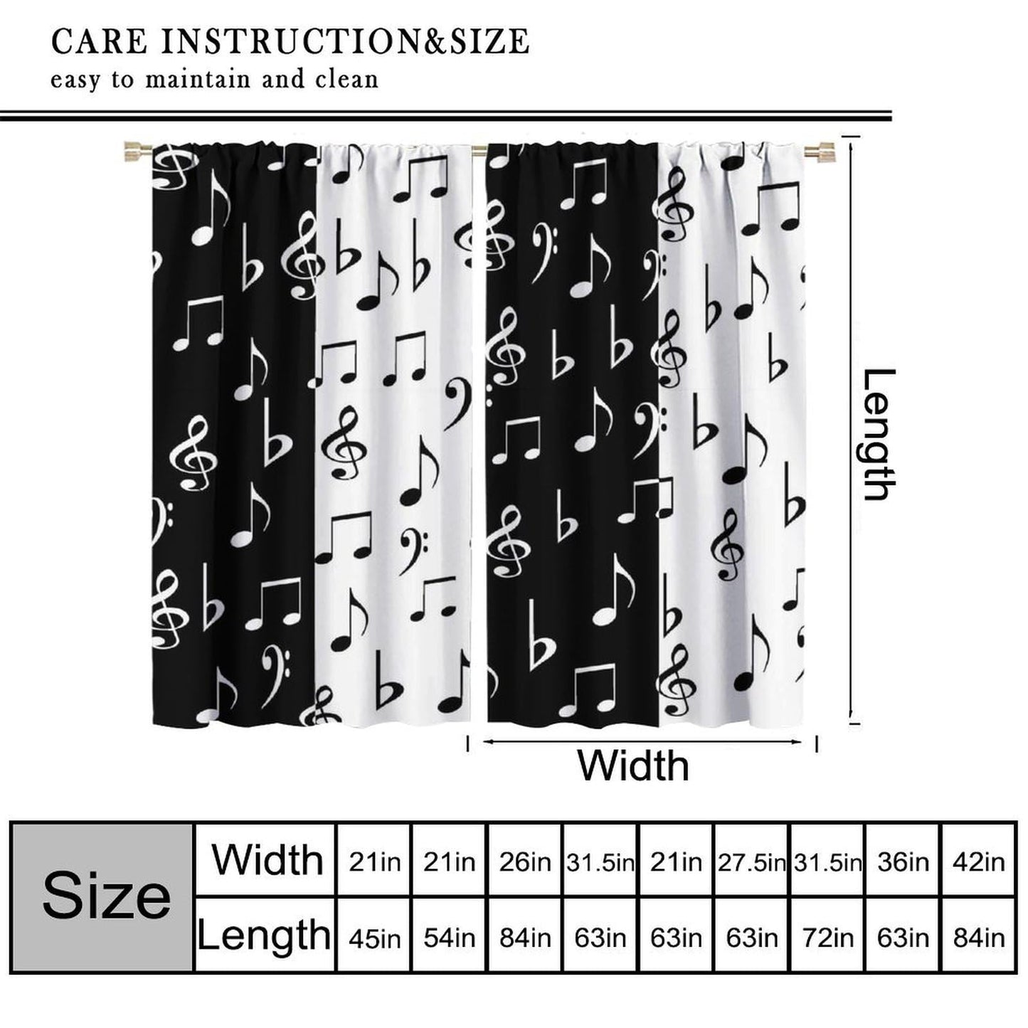HZOHNAGO Music Curtain Black and White Music Notes Pattern Blackout Print Rod Pocket Window Drapes for Bedroom Living Room 42x45in