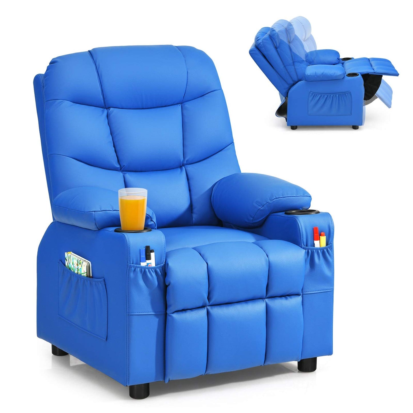 Costzon Kids Recliner Chair with Cup Holder, Adjustable Leather Lounge Chair w/Footrest & Side Pockets for Children Boys Girls Room, Ergonomic Toddler Furniture Sofa, Kids Recliner (Blue)