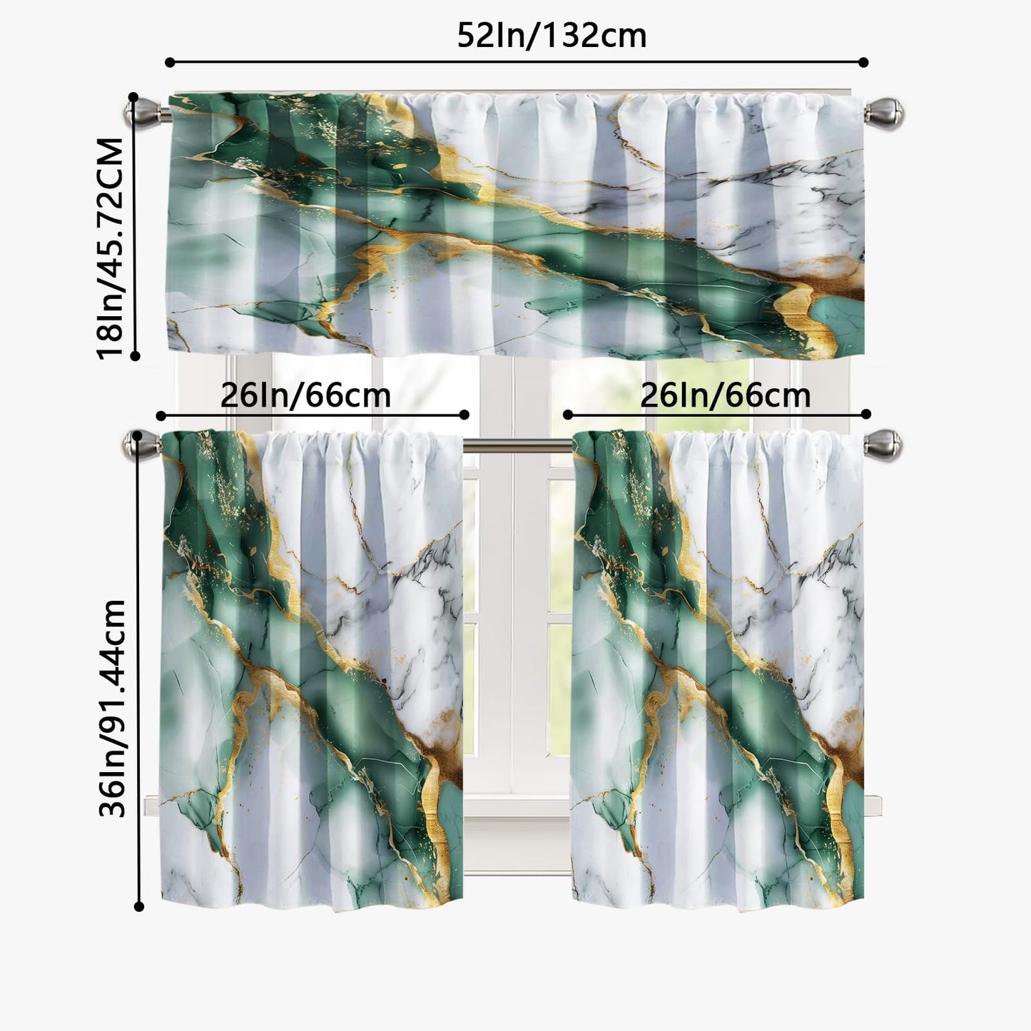 KINUUIS Green Marble Blackout Kitchen Window Tier Curtains and Valance Set, 52 x 36 Inch Abstract Art Window Curtains Set with Rod Pocket for Small Windows, Living Room or Bathroom