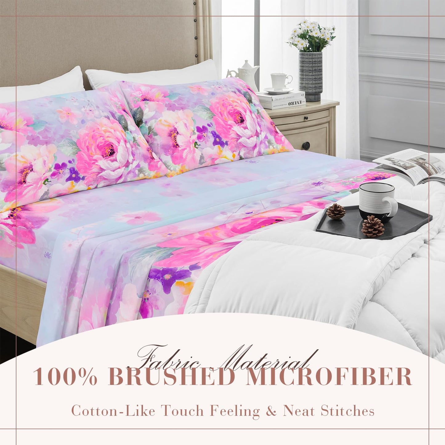 YIYEA Queen Sheet Set, Luxury 1800TC Hotel Quality Double Brushed Microfiber Floral Bed Sheets for Queen Size Bed, Extra Soft, Deep Pocket, Shrinkage and Fade Resistant, 4PC (Queen)