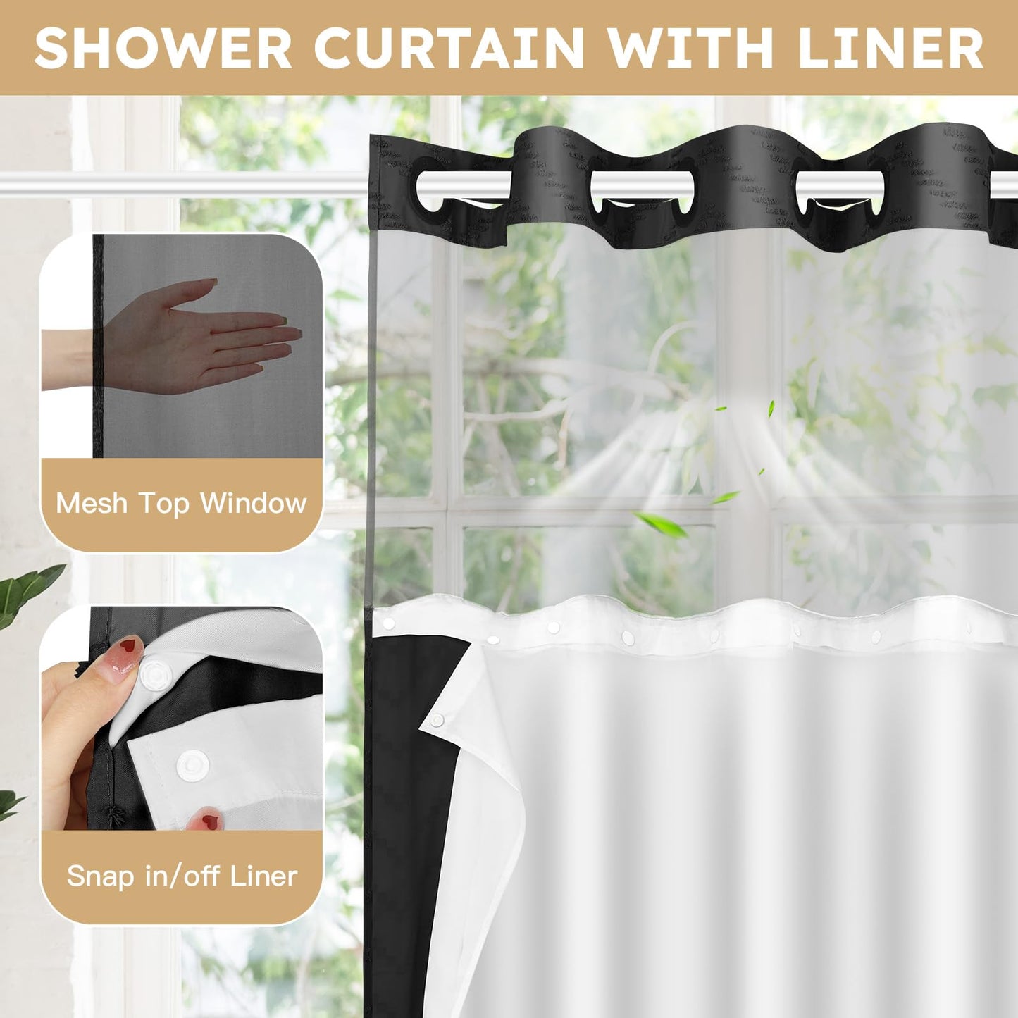 FADOTY No Hook Shower Curtain and Liner Set, Black Snap in Shower Curtain Ringless Chevron Tufted Cloth Waterproof Washable Fabric Bath Curtain with See Through Top Window for Bathroom Hotel 71" x 74"