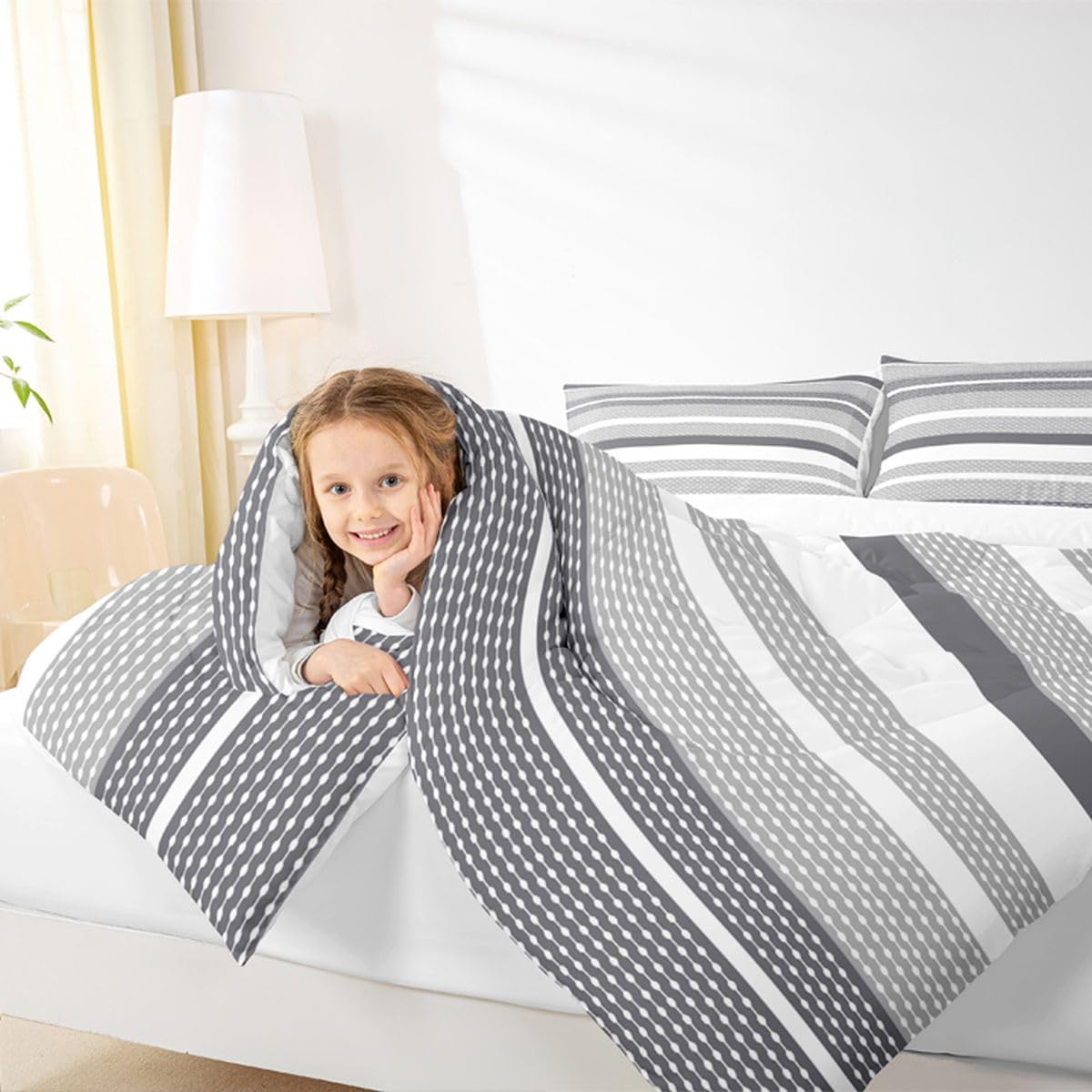 jejeloiu Black White Grey Stripes Bedding Set King Size Geometric Comforter Set for Kids Patchwork Striped Comforter Women Men Teens Ultra Soft Line Modern