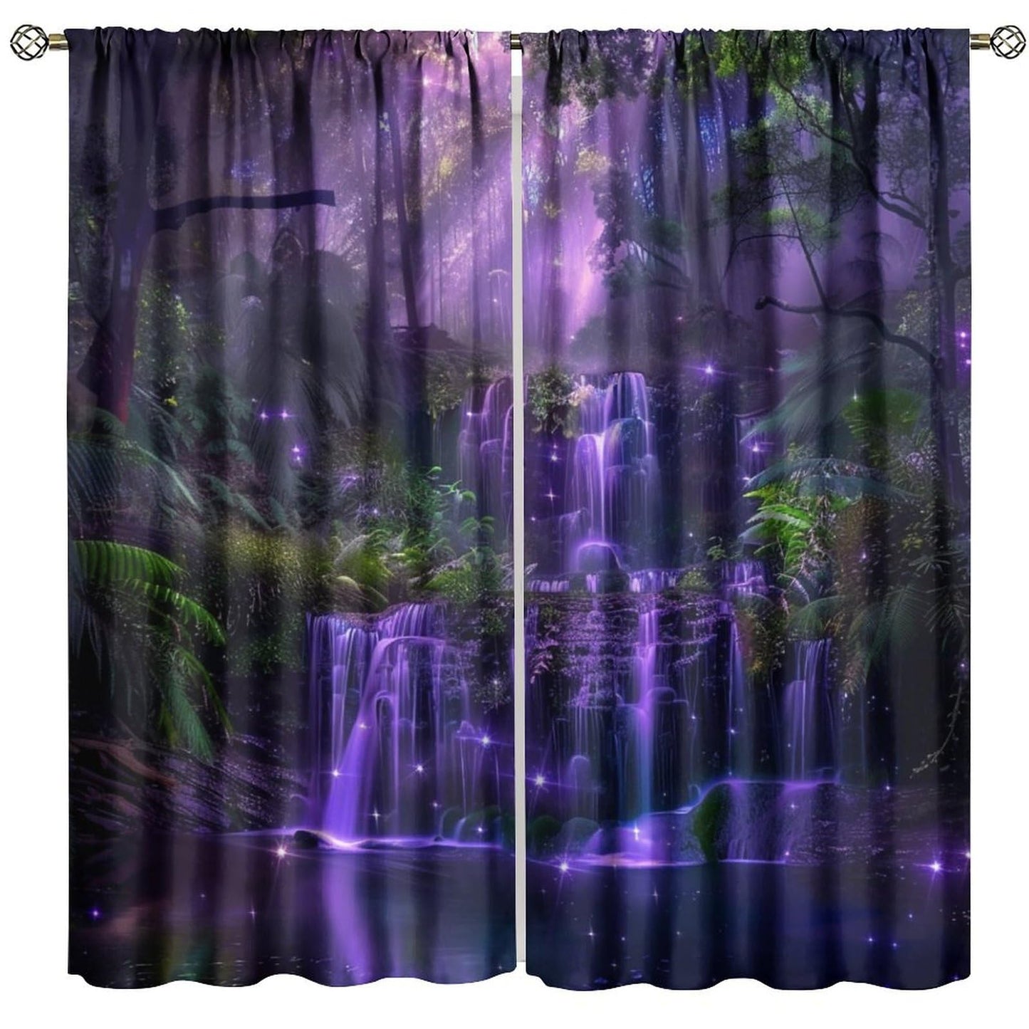 HZOHNAGO Enchanted Forest Curtains Fantasy Nature Purple Fireflies Waterfall Pattern Blackout Print Rod Pocket Window Drapes for Bedroom Living Room 42x45in