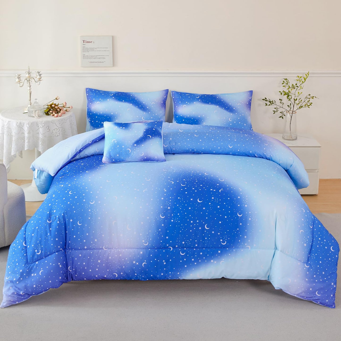 URBONUR Galaxy Blue Comforter Set Queen Size for Boys Girls Ombre Glitter Nebula Kids Teen Bedding Sets Light Blue Soft Lightweight 6Pcs Bed in A Bag Sets