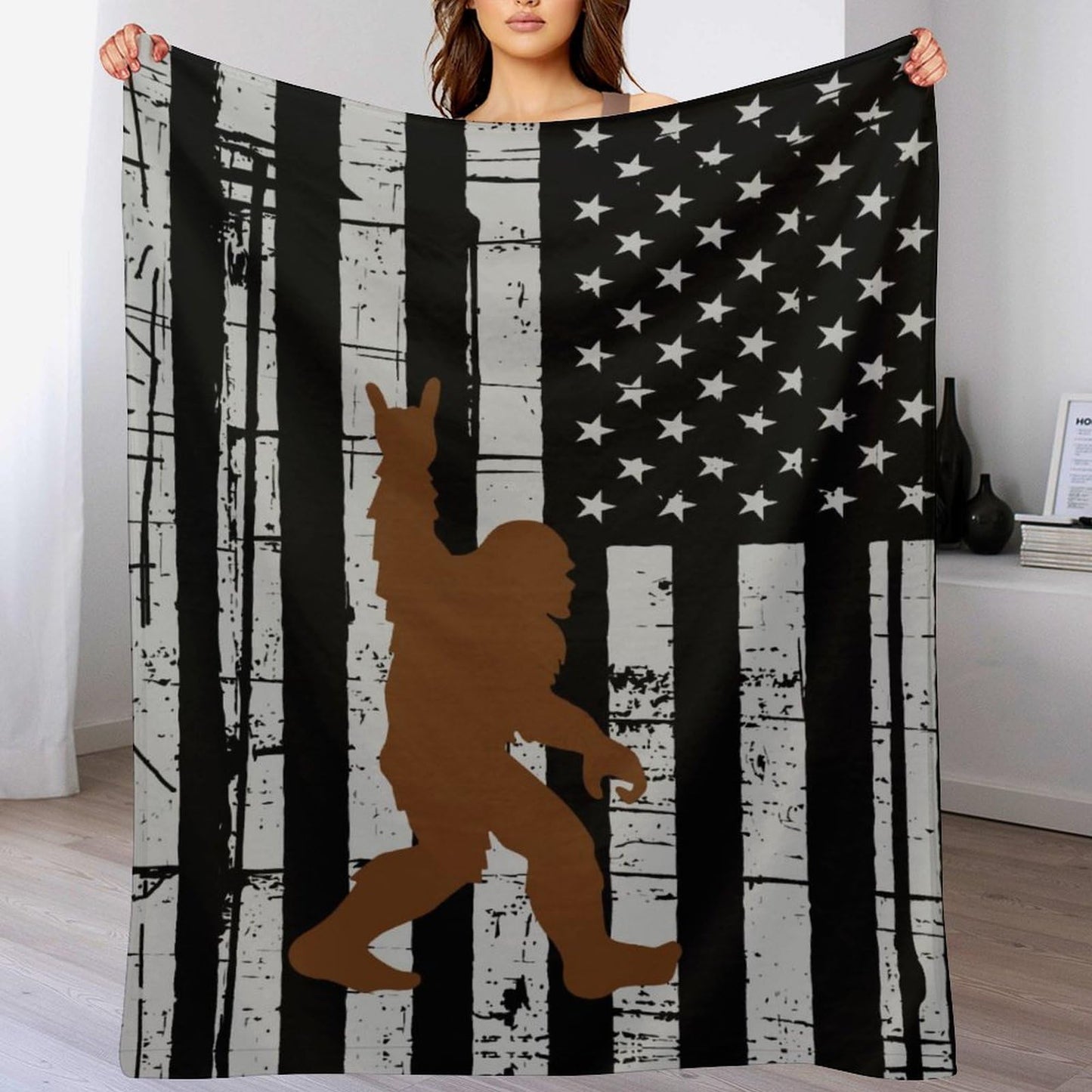American Flag Sasquatch Throw Blanket for Teens Boys Girls and Adults Soft Warm Cozy Funny Midweight Food Flannel Blankets for Couch Sofa Bed Camping Travel Home Decor 40" X 50"