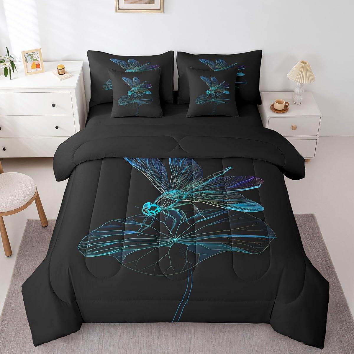 Erosebridal Bohemian Dragonfly Comforter Set Queen,Boho Trippy Animal Bed in a Bag for Kids Boys Girls,Geometric Lotus Leaf Bedding Set 7Pcs,Watercolor Wildlife Quilt for Dragonfly Lovers
