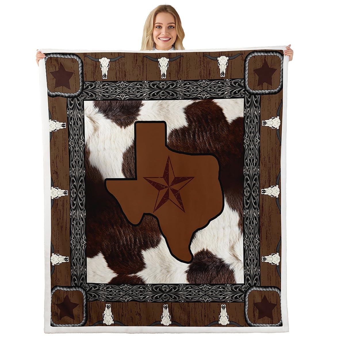 Erosebridal Cowhide Fleece Blanket Western Texas Star Sherpa Blanket 90"x90", Farm Animals Print Farmhouse Cowboy Fuzzy Plush Throw