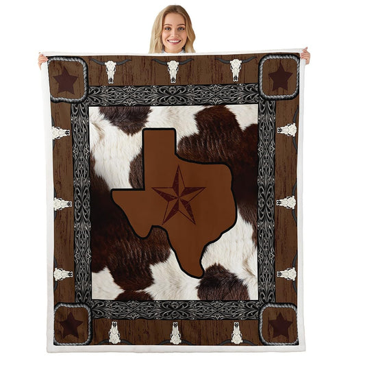 Erosebridal Cowhide Fleece Blanket Western Texas Star Sherpa Blanket 90"x90", Farm Animals Print Farmhouse Cowboy Fuzzy Plush Throw