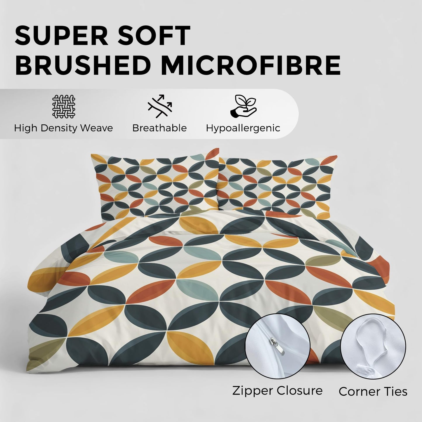 Mid Century Modern Twin Duvet Cover Set, Retro Geometric Circle Bedding Set 2 Pcs Reversible, MCM Geo Bedroom Decor, Ultra Soft Microfiber, 1 Pillow Sham, Zipper & Ties KJJT 104