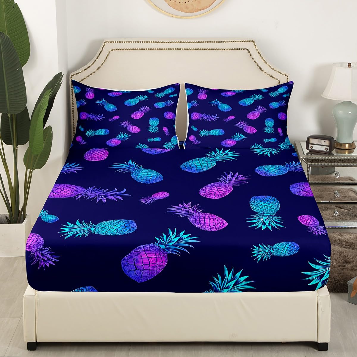 Pineapple Bed Sheet Set Tropical Fruit Print Bedding Set Purple Blue Pineapple Pattern Fitted Sheet for Children Kids Boys Girls Bohemian Exotic Style Bed Cover No Flat Sheet Room Decor Twin Size