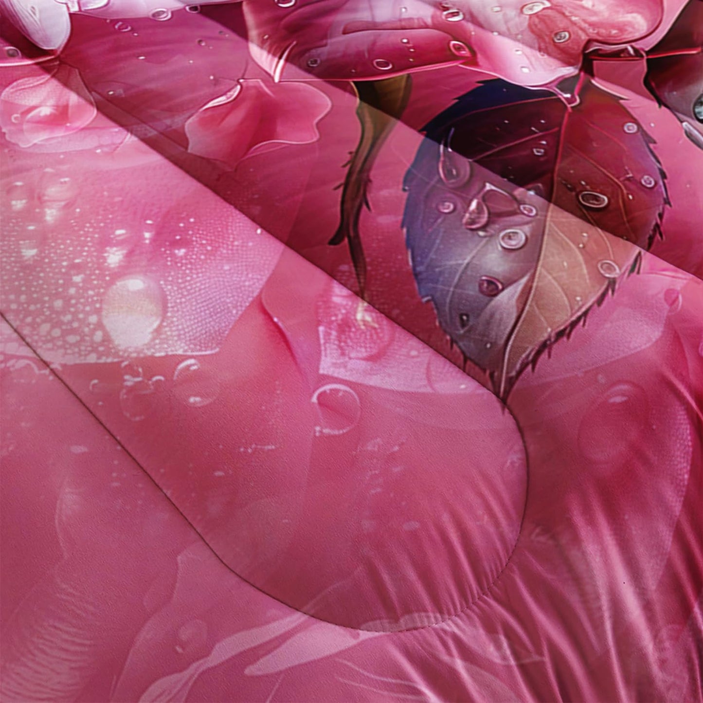 AILONEN Pink Rose Comforter Set Queen Size,Rose Flower Butterfly Bedding Set for Girls Women,Modern Romantic Floral Printed Art Pink Comforter with 2 Pillowcases,3 Piece Soft Microfiber