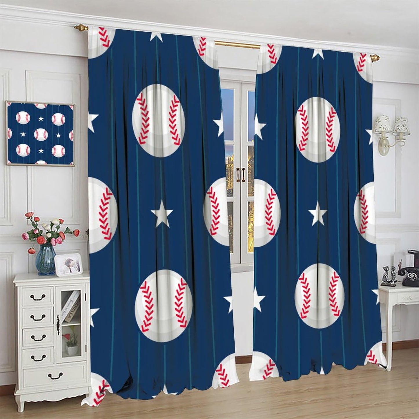 Baseball Curtains Home Décor,Sports Themed Darkening Window Treatments for Teens Girls Boys Bedroom Living Room Drapes 2 Panel Sets Total Size 42" x 45" Blue