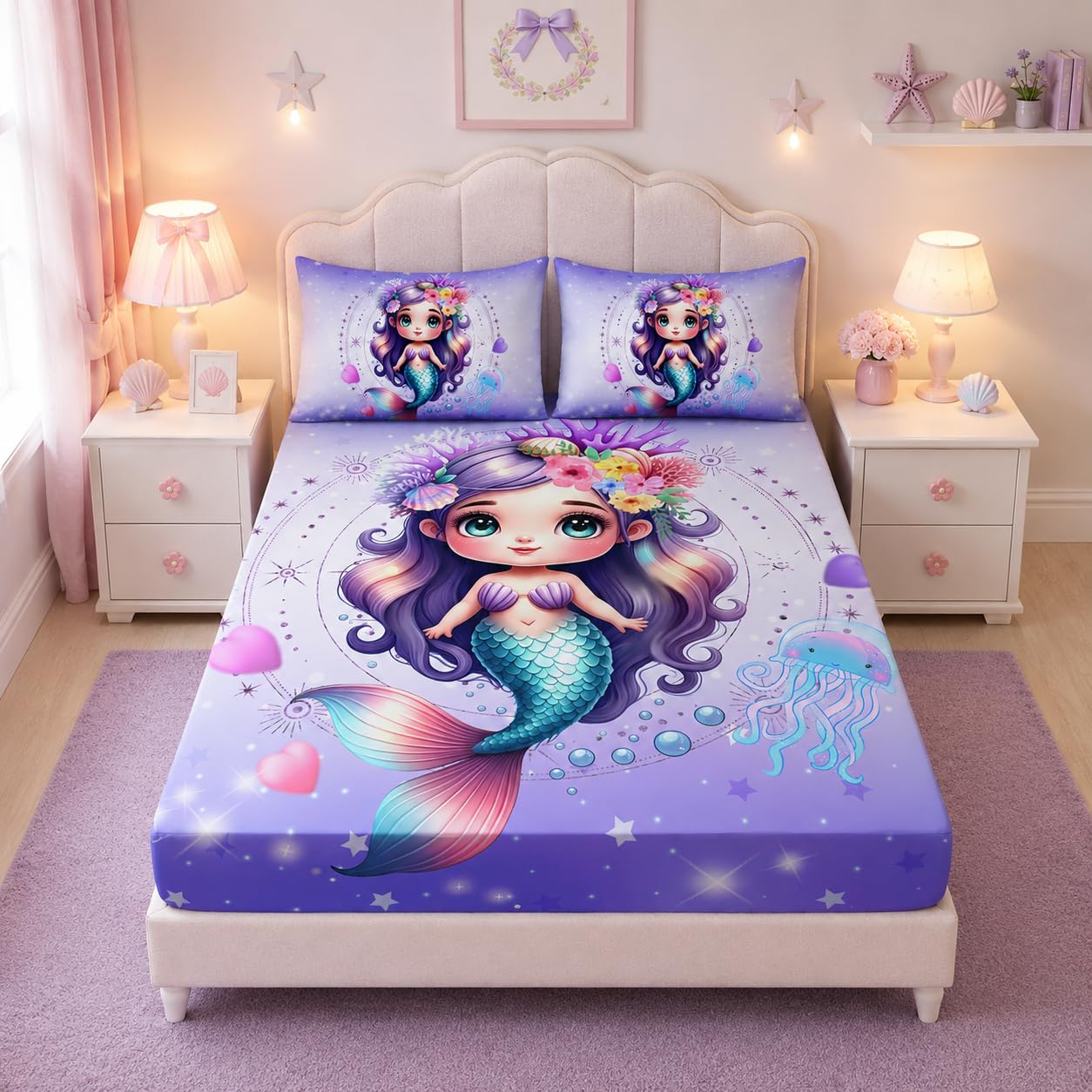 UEVBF Princess Bedding Cute Mermaid Pattern Twin Fitted Sheet Set,Star Jellyfish Ocean Themed Bedding Sets for Kids Toddlers Girls Boys Room Decor,1 Fitted Sheet + 2 Pillowcases.