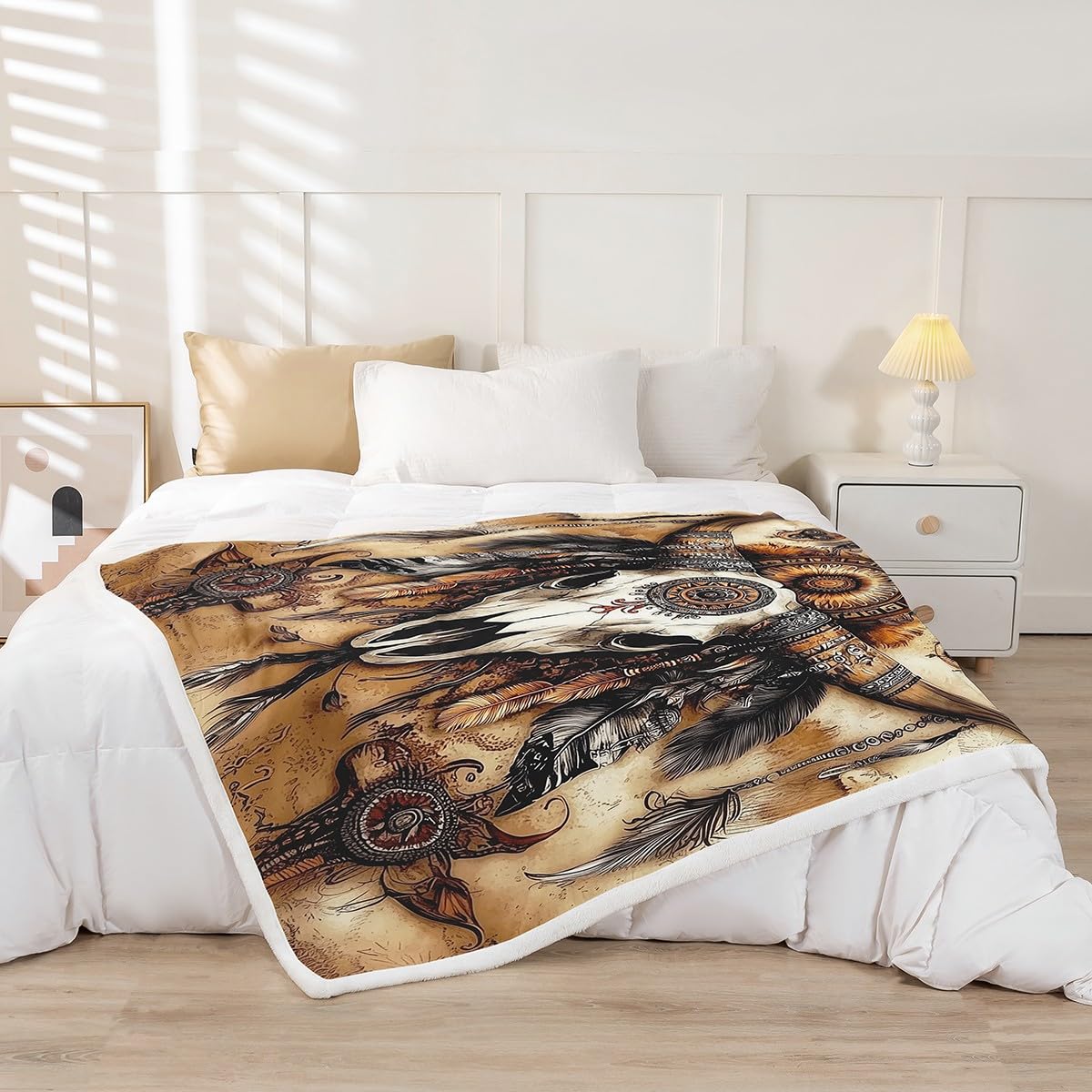 Cow Skull Fleece Blanket Gothic Sherpa Blanket 90"x90", Ethnic Tribal Southwestern Western Exotic Native American Fuzzy Plush Throw