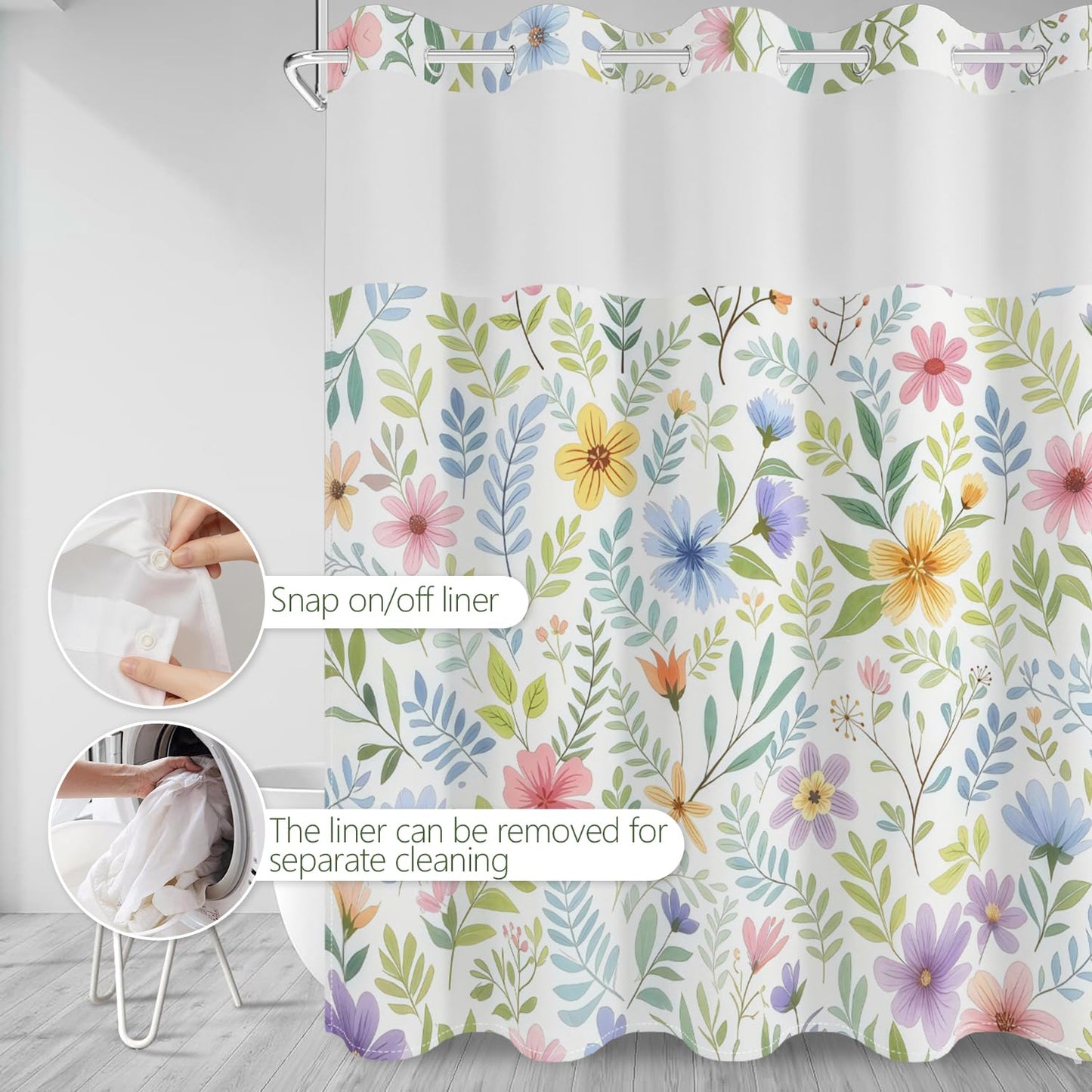 No Hook Shower Curtain with Snap in Fabric Liner Set, Waterproof & Washable, Boho Colorful Plant Floral Shower Curtains for Bathroom, Farmhouse Rustic Flower Bathroom Curtain, House Gift, 71x74 inch