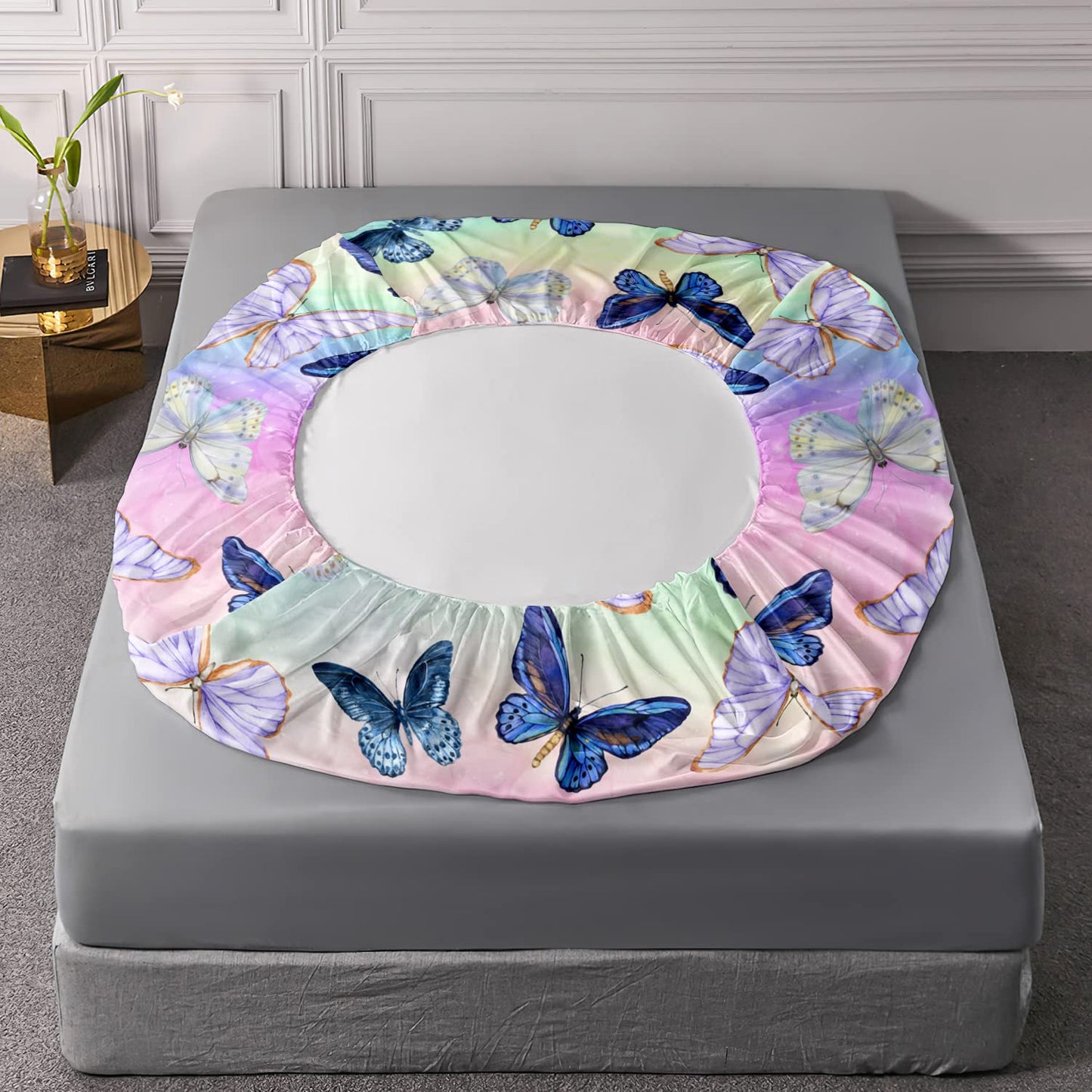 HOSIMA Butterfly Fitted Sheet Set for Girls & Boys, Rainbow Watercolor Tie Dye Coquette Bedding, Blue & Purple Butterfly Queen Size with 2 Pillowcases