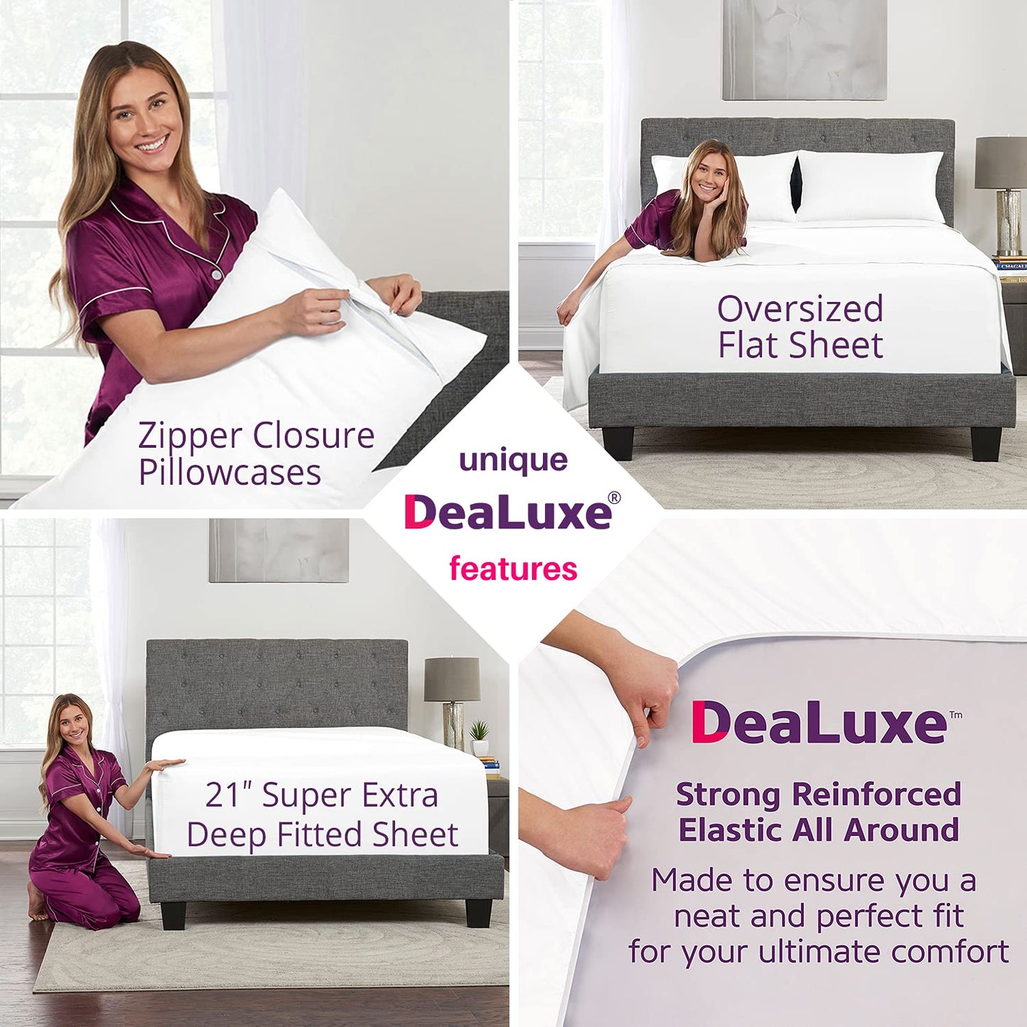 Extra Deep Pocket King Bed-Sheets – 4-Piece Includes: 18”-21” Inch Super Extra Deep Pocket Fitted Sheet – Oversize Flat Sheet – 2 Zipper Closure Pillowcases – Perfectly Fit – King Size – Bright White