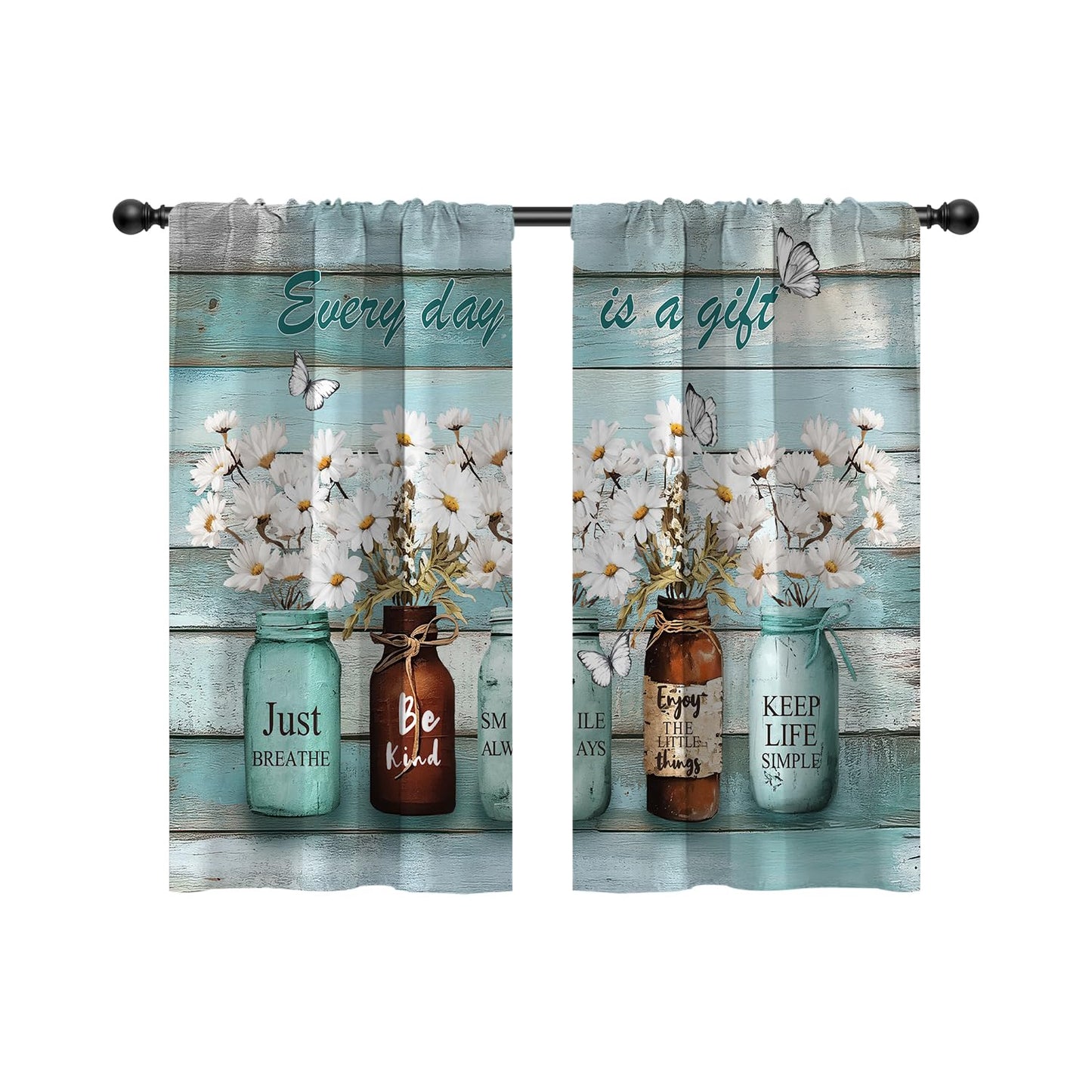 EOVDSFW Teal Floral Kitchen Curtains, Small Short Tiers, 27.5 x 39 Inch