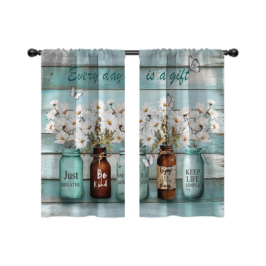 EOVDSFW Teal Floral Kitchen Curtains, Small Short Tiers, 27.5 x 39 Inch