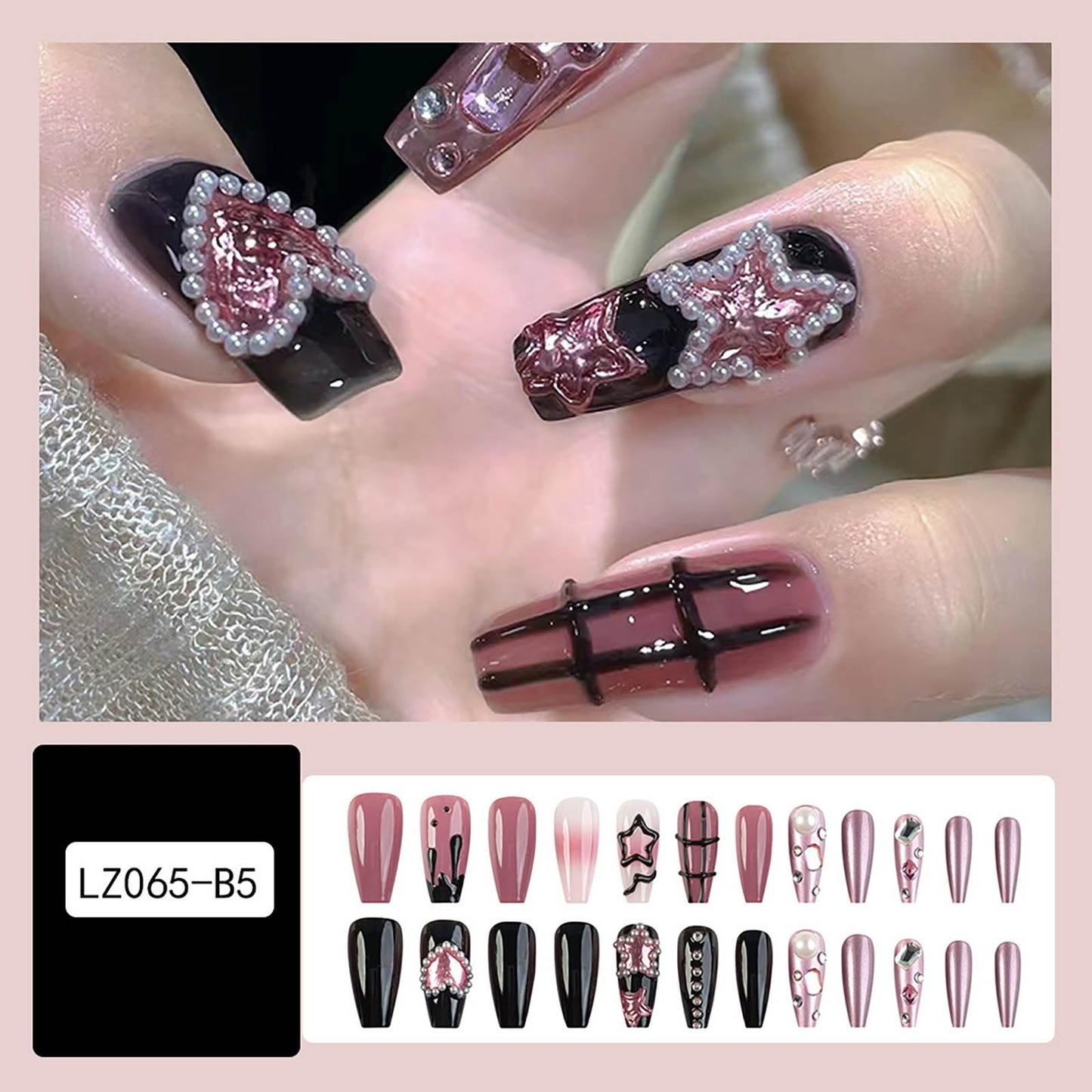 RTKHFZE Press on Nails Medium Square Fake Nails Black Full Cover Acrylic False Nails with Pearl Jewelry and Rhinestones Designs Artificial Press on Stick on Nails for Women Nail Decorations